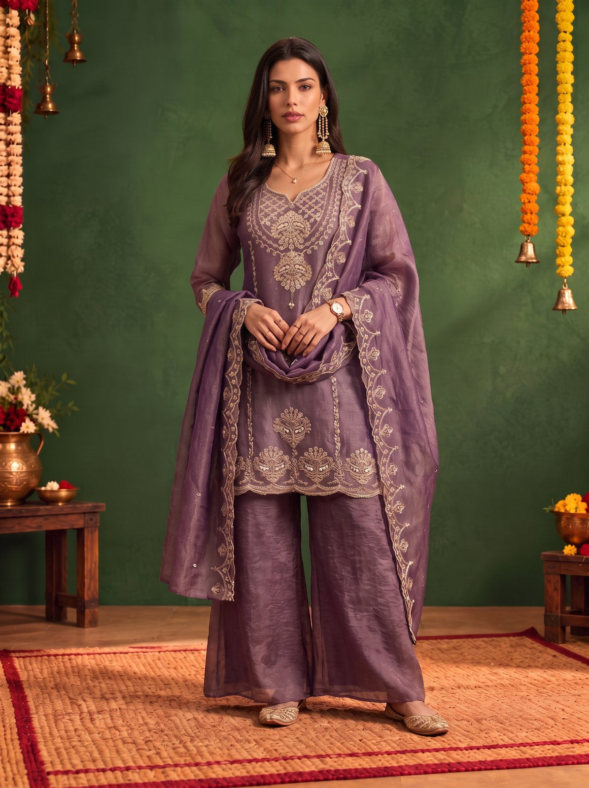 Buy Viscose Embroidered Straight Knee Length Kurta With Pant and Dupatta-Mauve