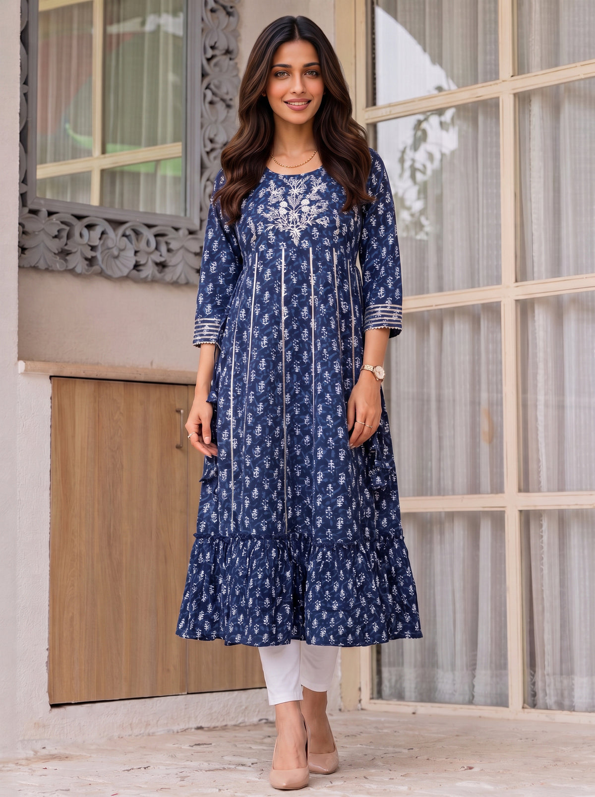 Buy Cotton Embroidered Flared Calf Length Kurta-Blue