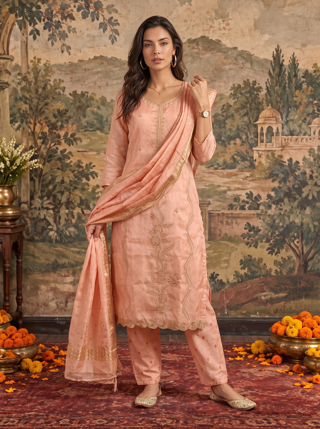 Buy Viscose Embroidered Straight Calf Length Kurta With Pant and Dupatta-Orange