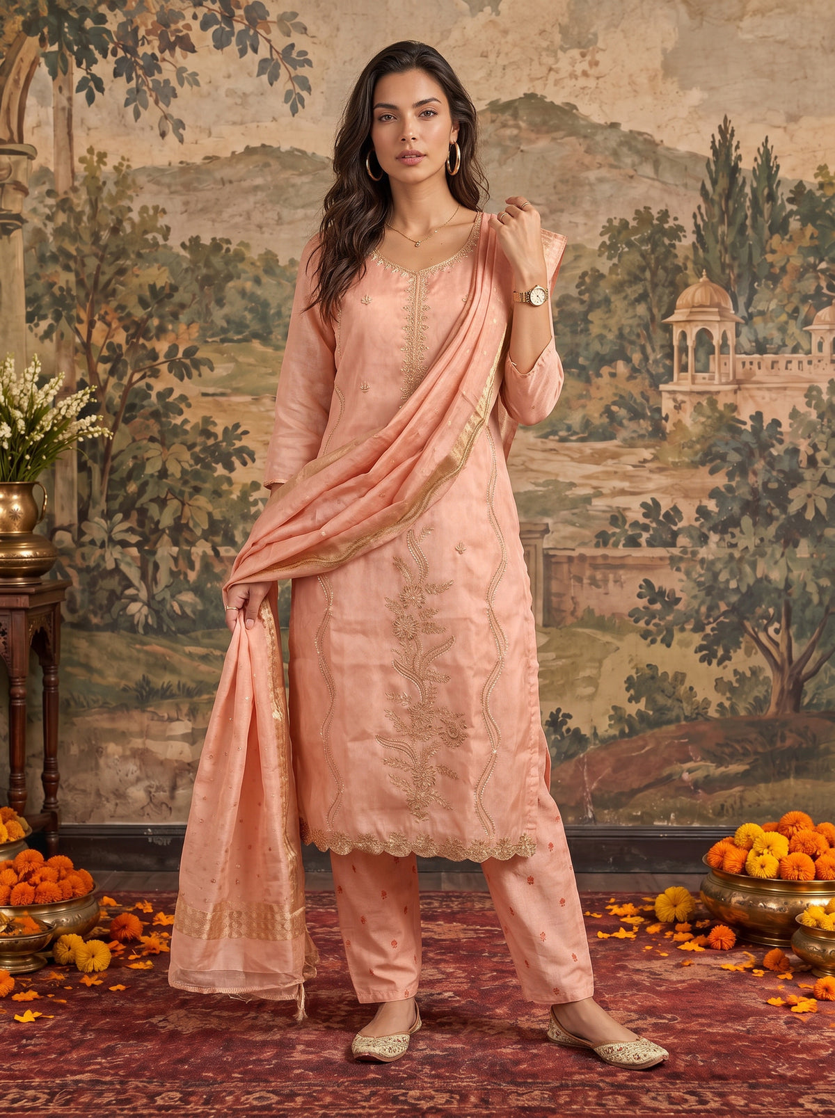 Viscose Embroidered Straight Calf Length Kurta With Pant and Dupatta