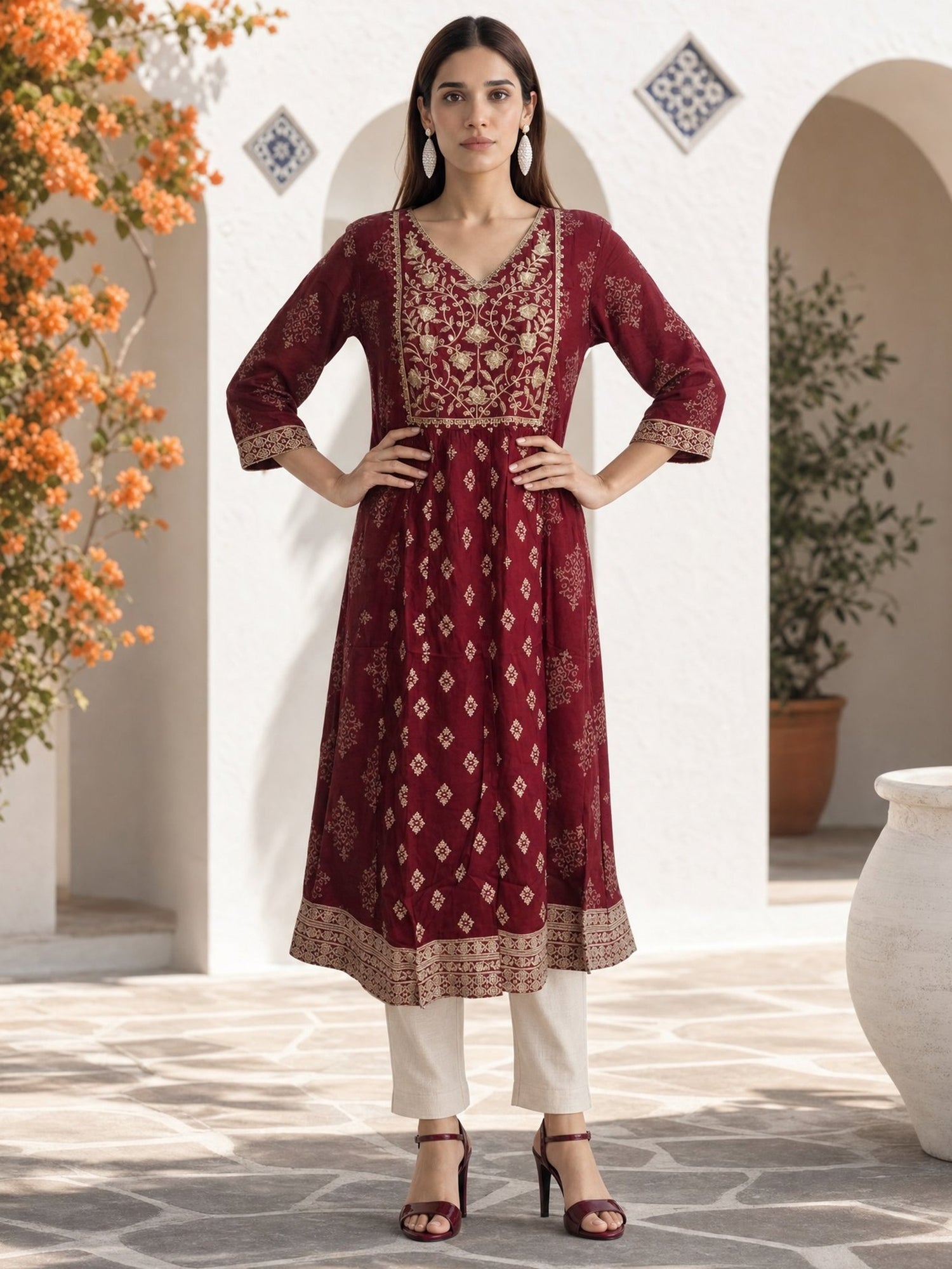 Rayon Embroidered Flared Calf Length Kurta