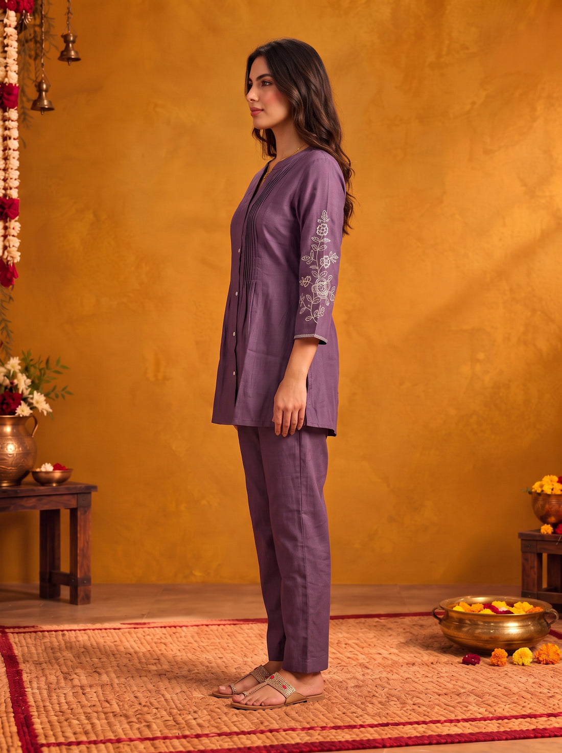 Buy Viscose Embroidered Straight Thigh Length Kurta With Pant-Lavender