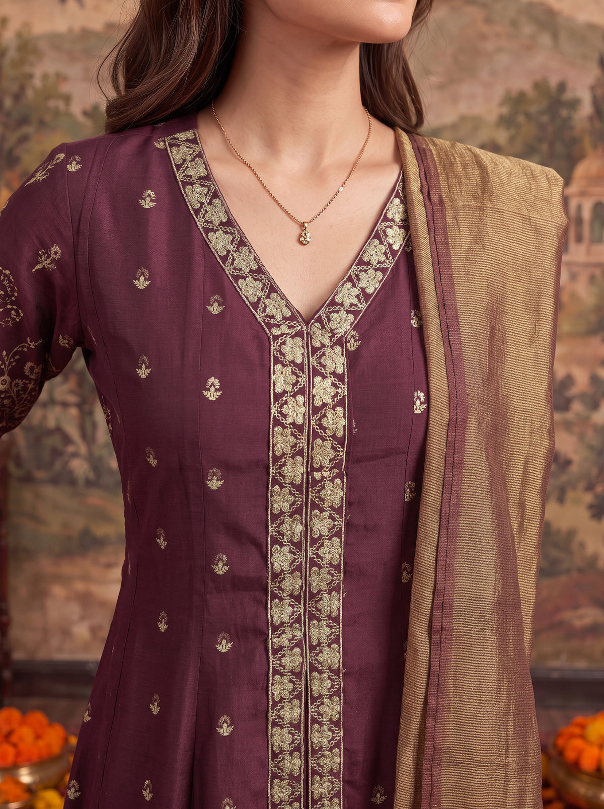 Buy Viscose Embroidered Flared Calf Length Kurta With Pant and Dupatta-Maroon