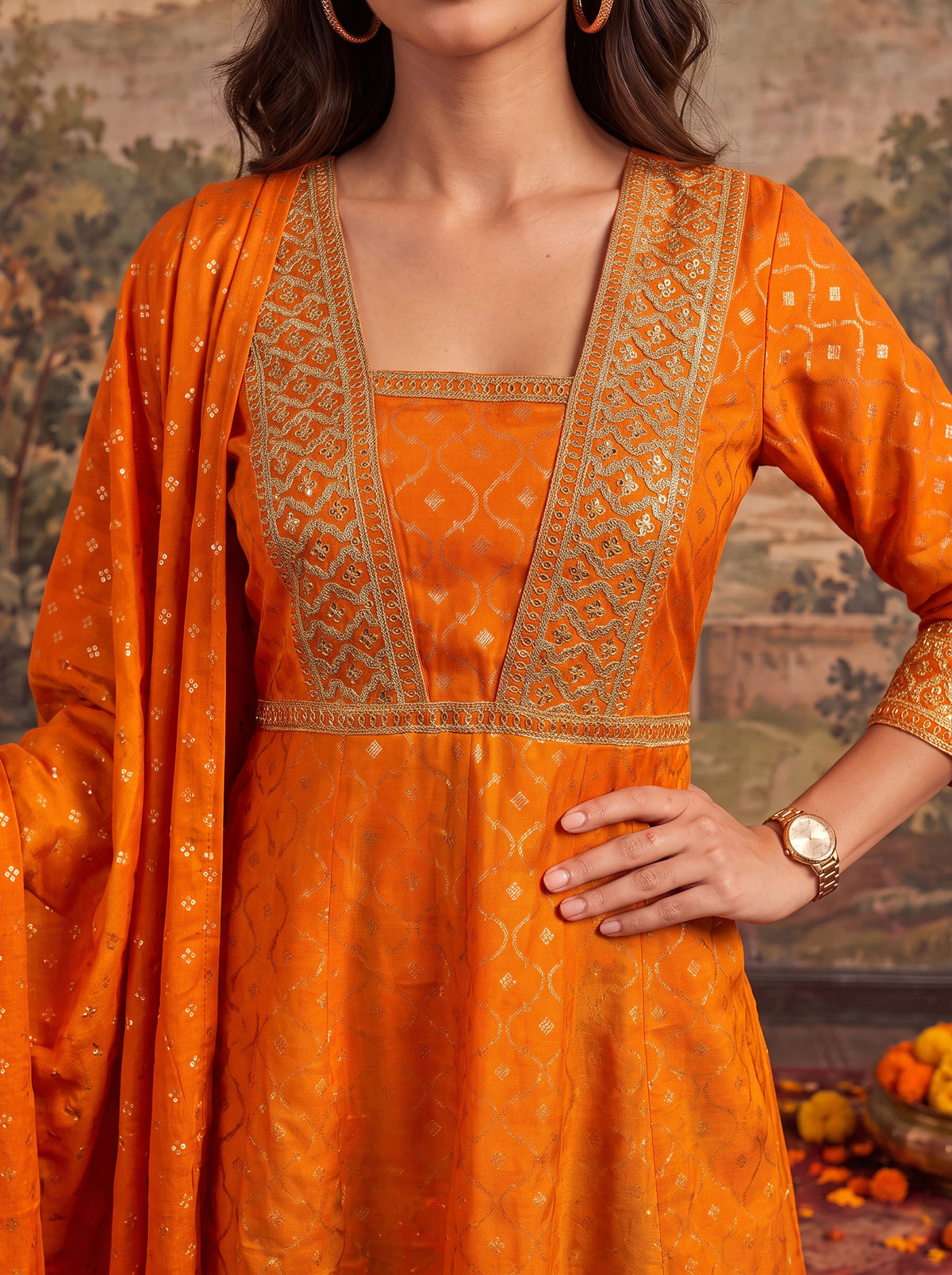 Buy Viscose Embroidered Flared Calf Length Kurta With Pant and Dupatta-Orange