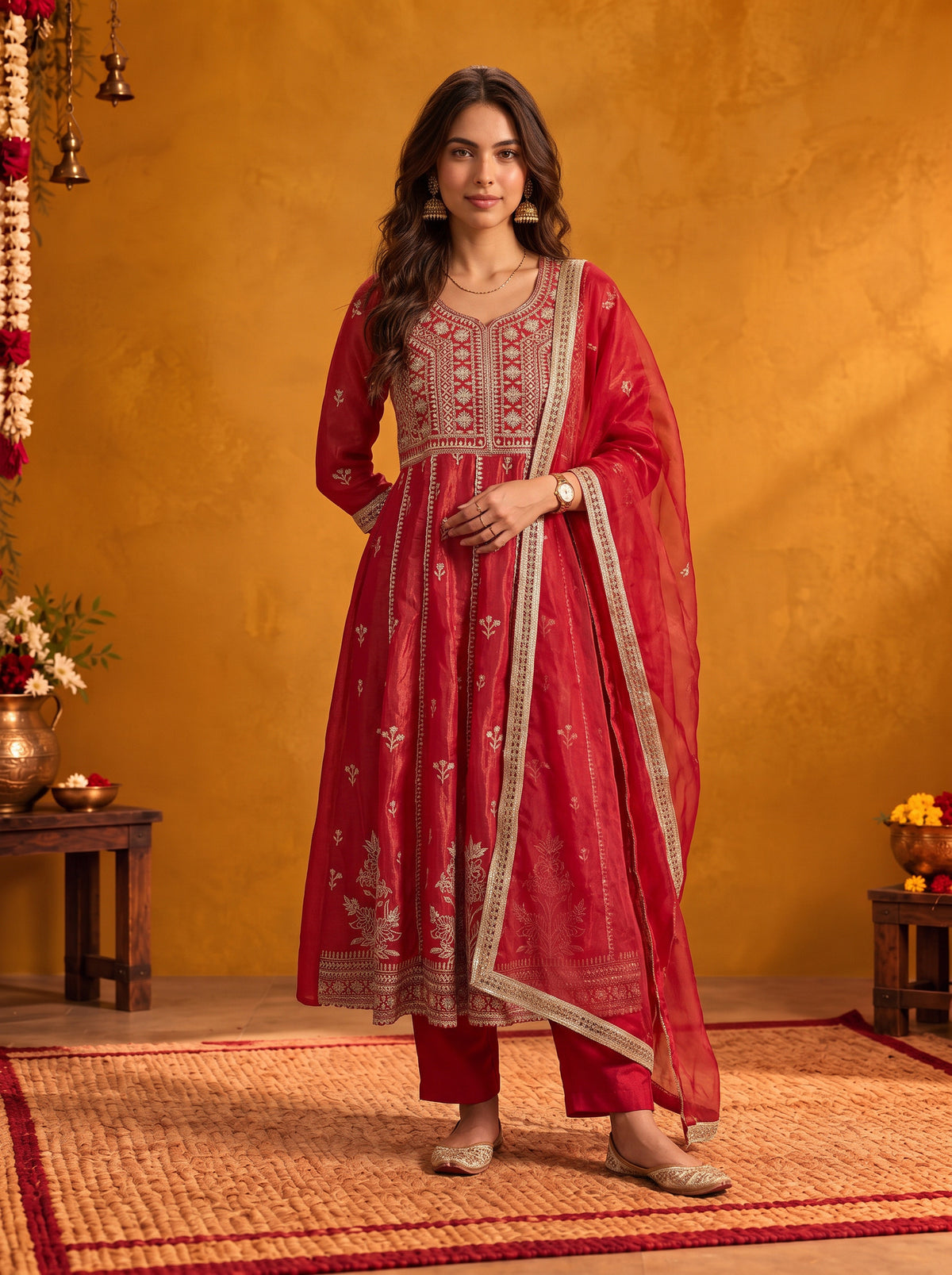 Buy Viscose Embroidered Flared Calf Length Kurta With Pant and Dupatta-Fuchsia