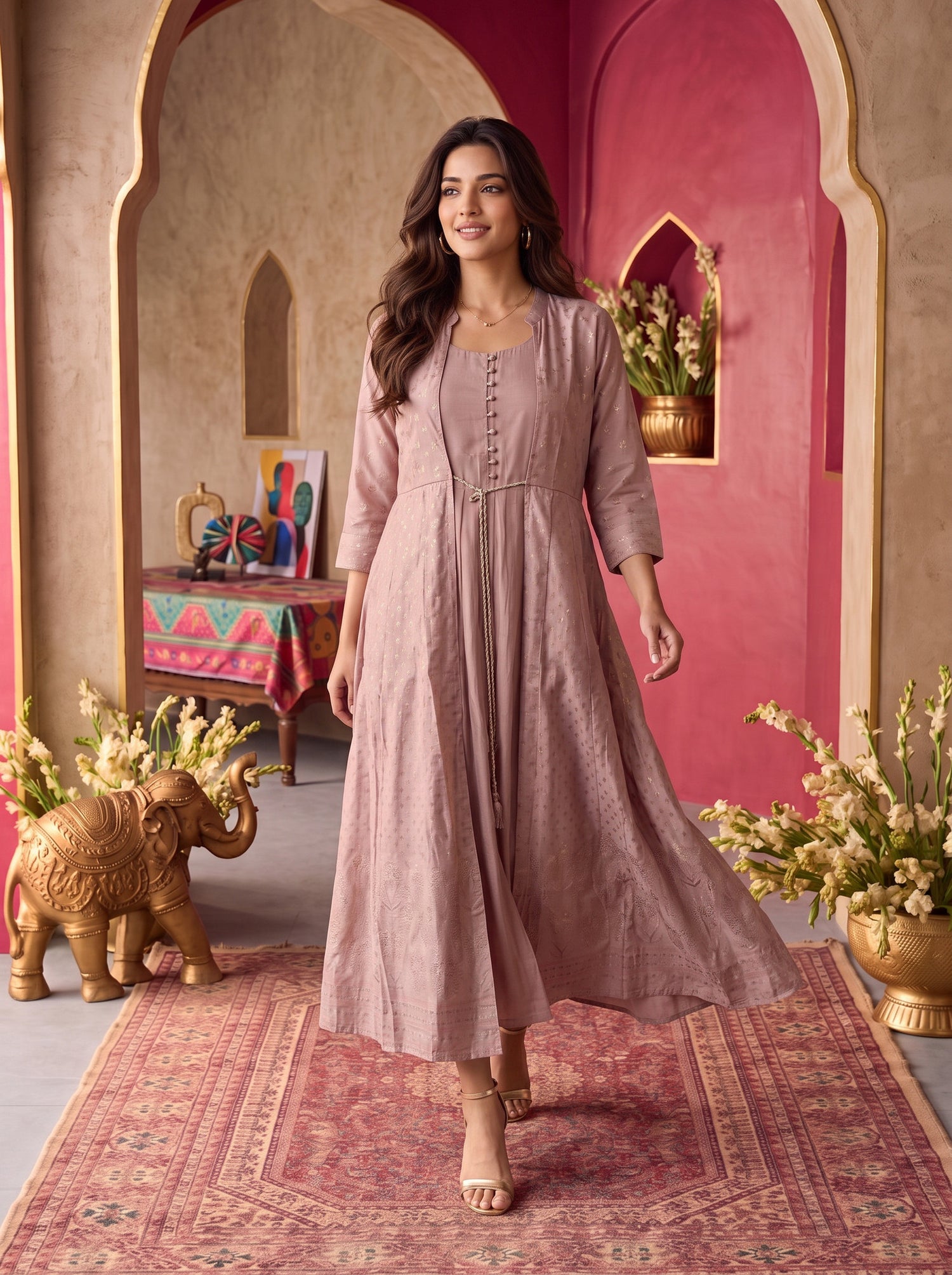 Buy Viscose Printed Flared Calf Length Kurta-Peach