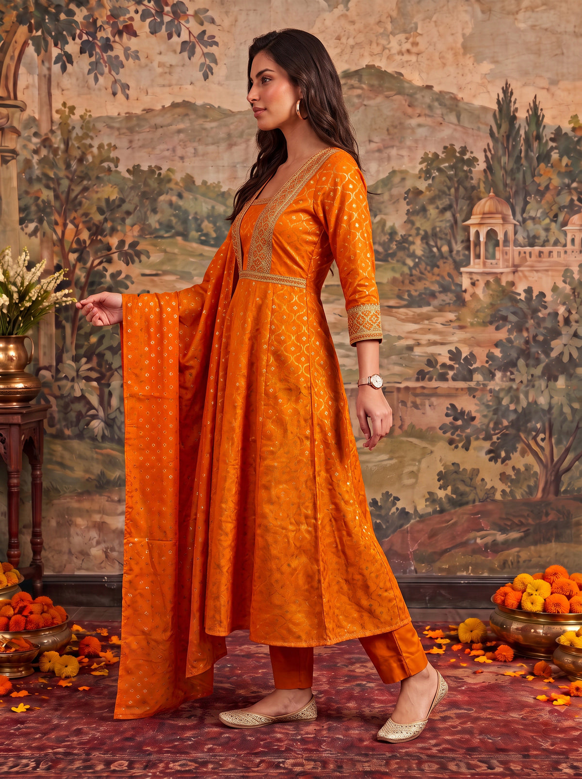 Viscose Embroidered Flared Calf Length Kurta With Pant and Dupatta