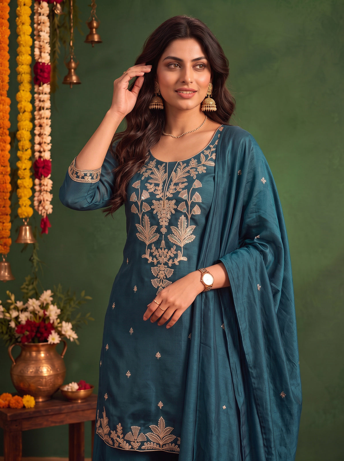 Buy Viscose Embroidered Straight Thigh Length Kurta With Pant and Dupatta-Teal