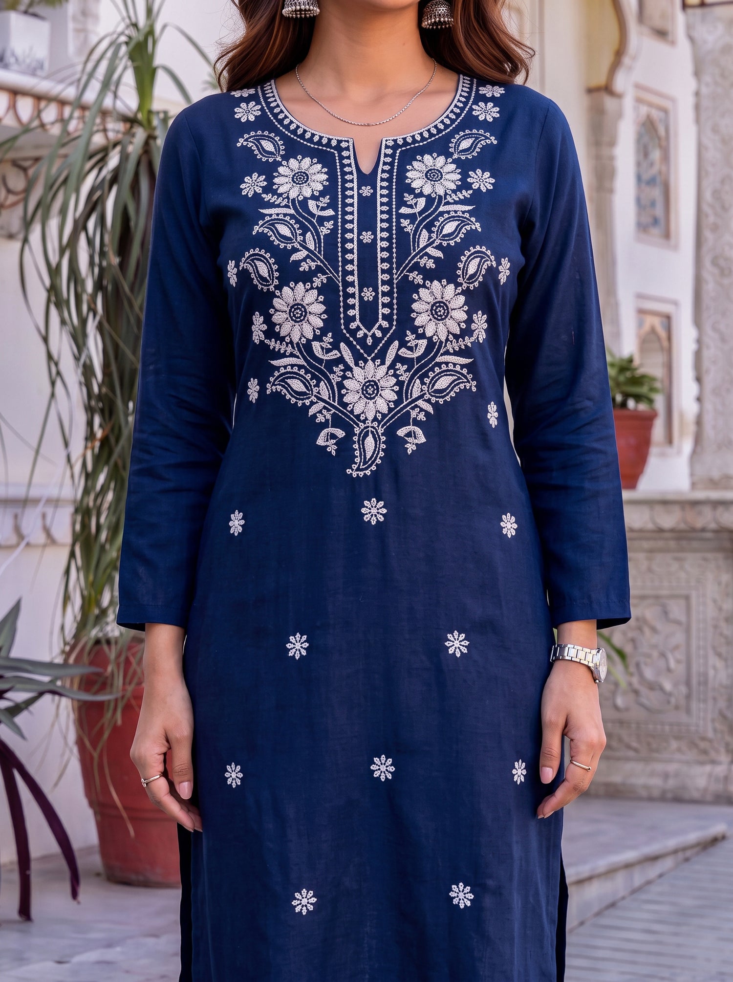 Buy Rayon Embroidered Straight Calf Length Kurta-Navy