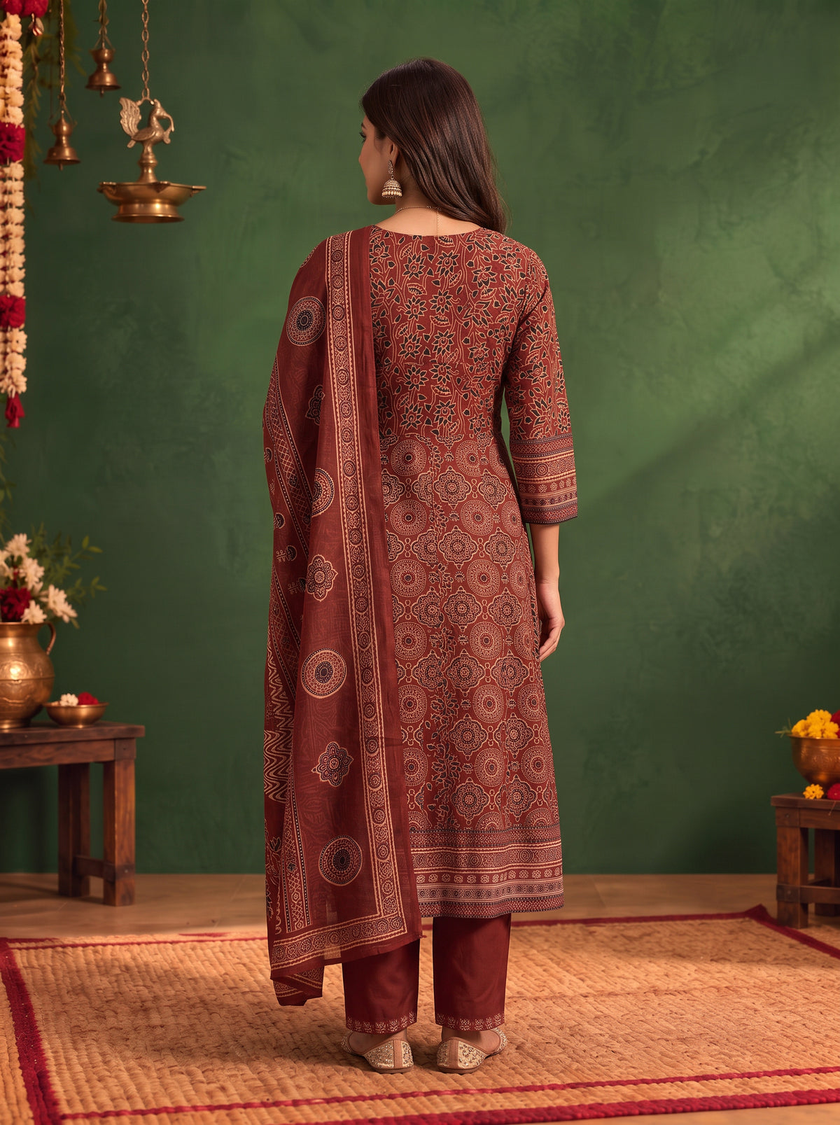 Buy Cotton Printed Flared Calf Length Kurta With Pant and Dupatta-Rust