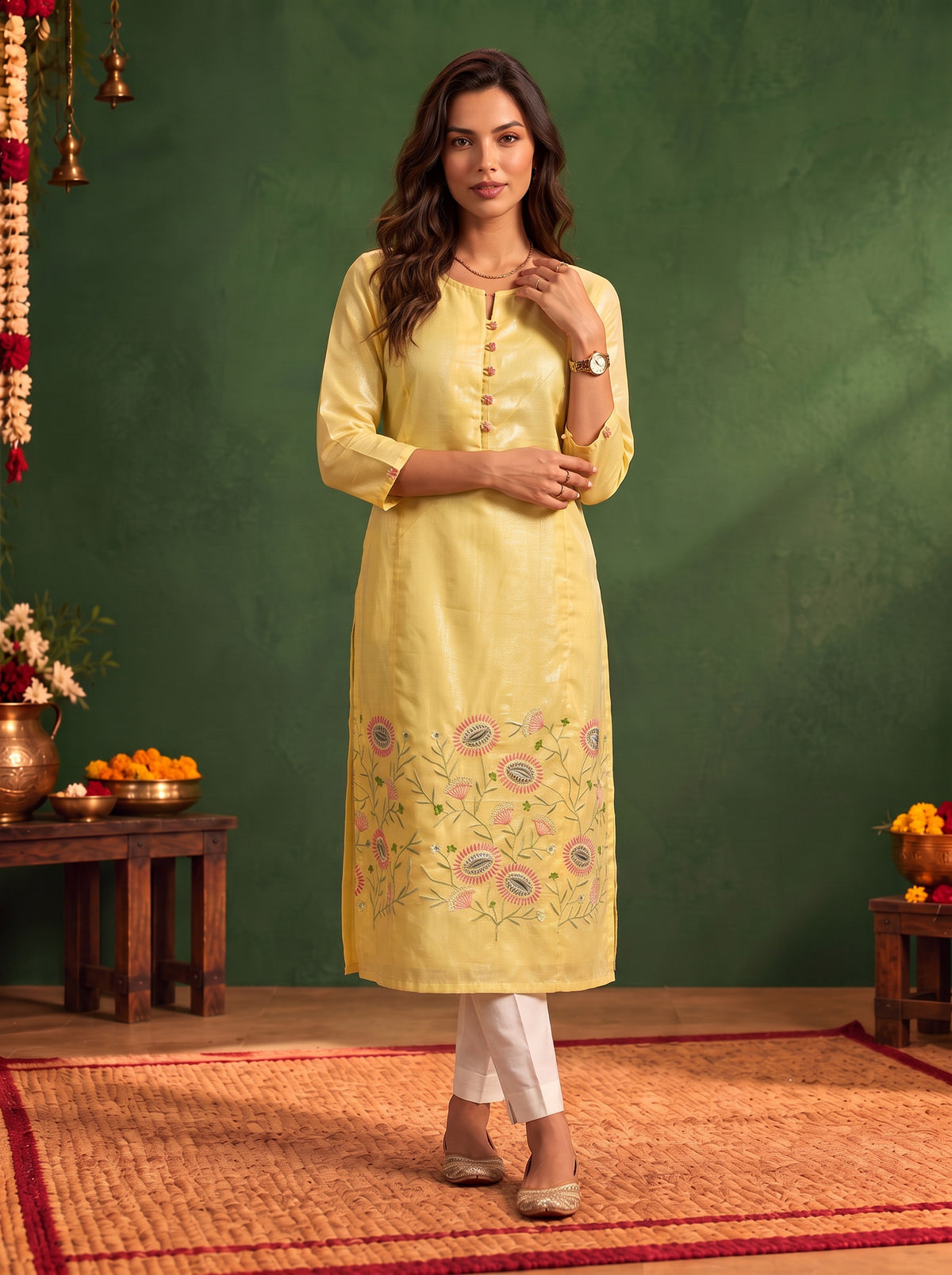 Buy Cotton Embroidered Straight Calf Length Kurta-Yellow