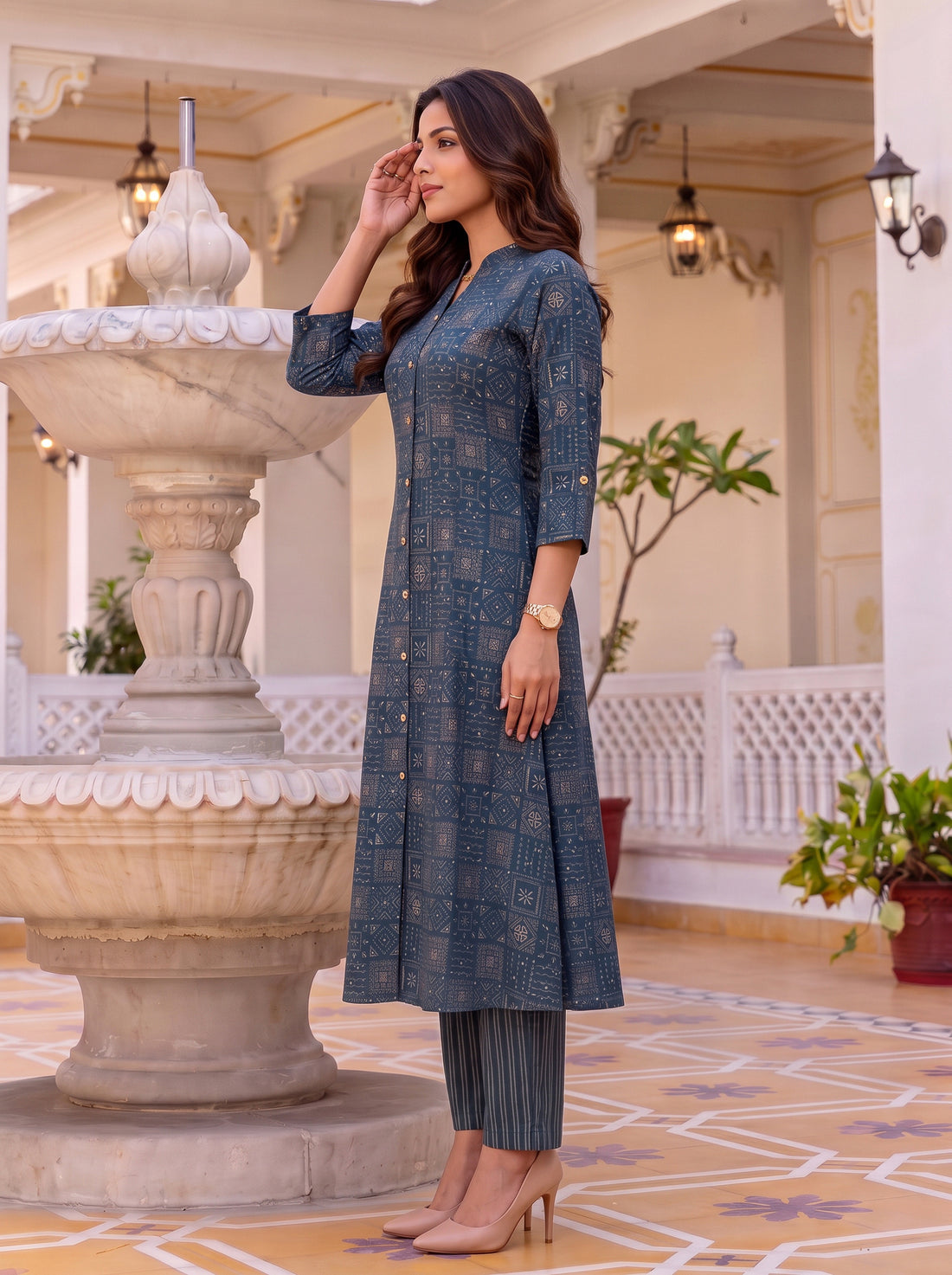 Buy Viscose Printed A-Line Calf Length Kurta With Pant-Blue