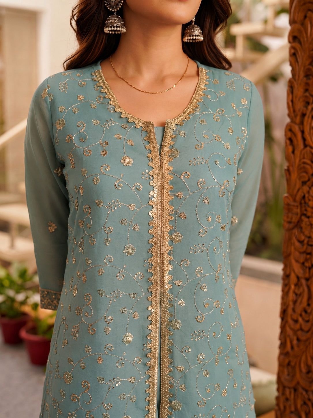 Rayon Embroidered Flared Calf Length Kurta With Pant and Dupatta