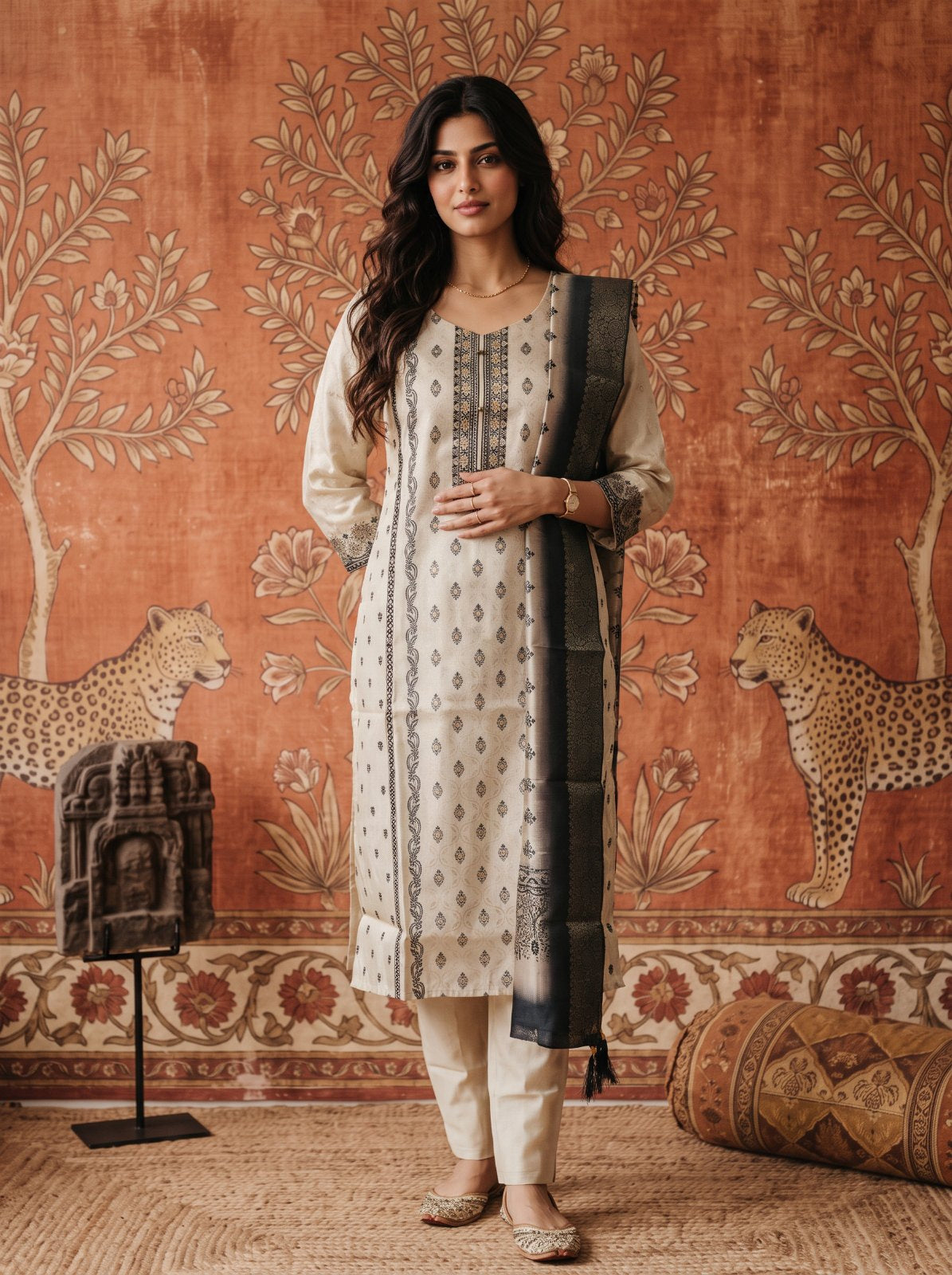 Buy Jacquard Self Design Straight Calf Length Kurta With Pant and Dupatta-Cream