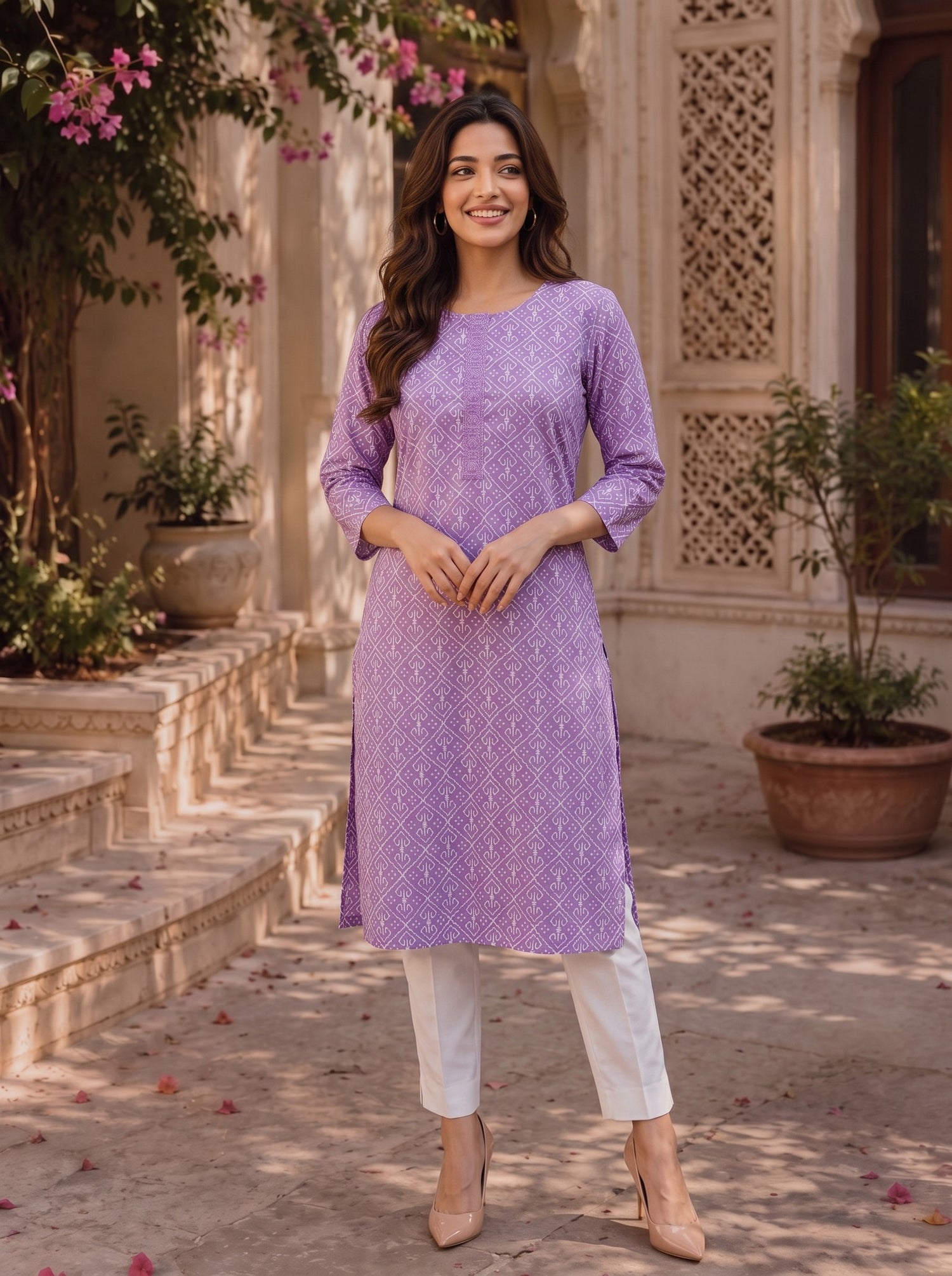 Buy Cotton Embroidered Straight Knee Length Kurta-Purple