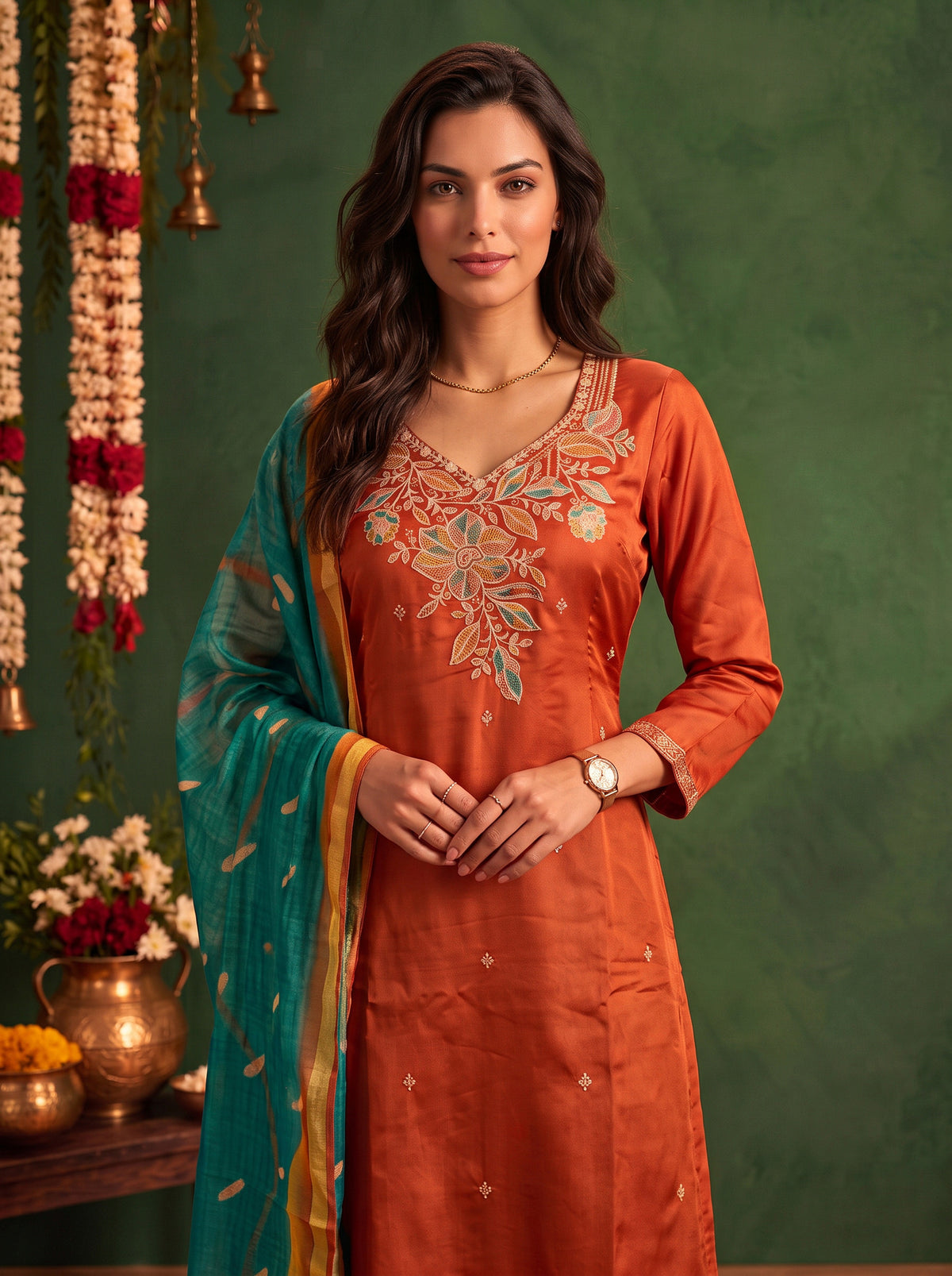 Viscose Embroidered Straight Calf Length Kurta With Pant and Dupatta
