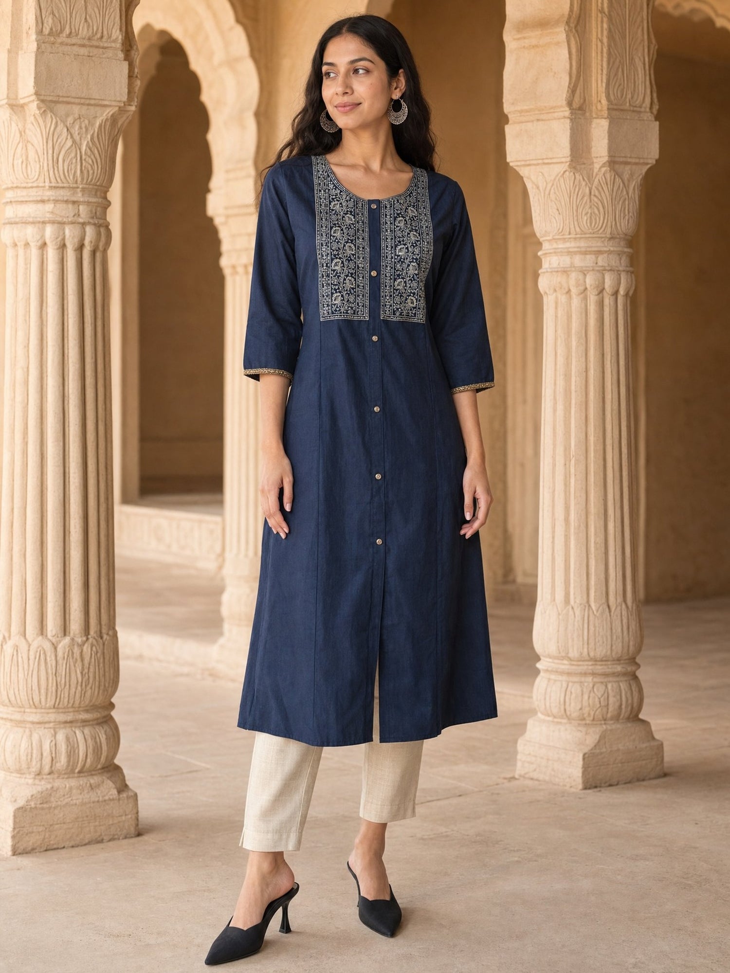 Buy Viscose Embroidered A-Line Calf Length Kurta-Blue