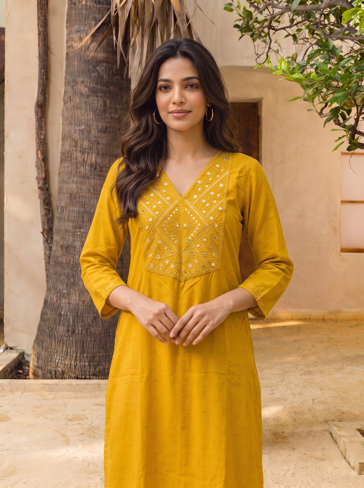 Buy Rayon Embroidered Straight Calf Length Kurta-Yellow