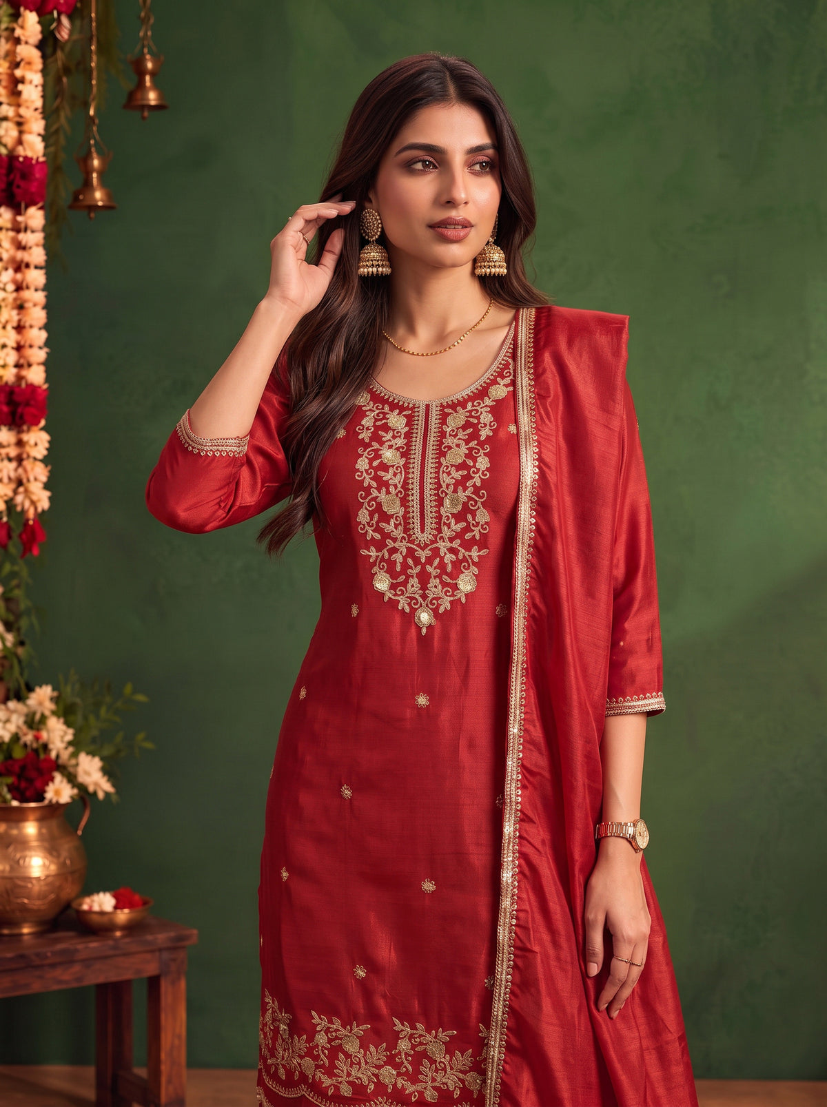 Buy Viscose Embroidered Straight Knee Length Kurta With Pant and Dupatta-Rust