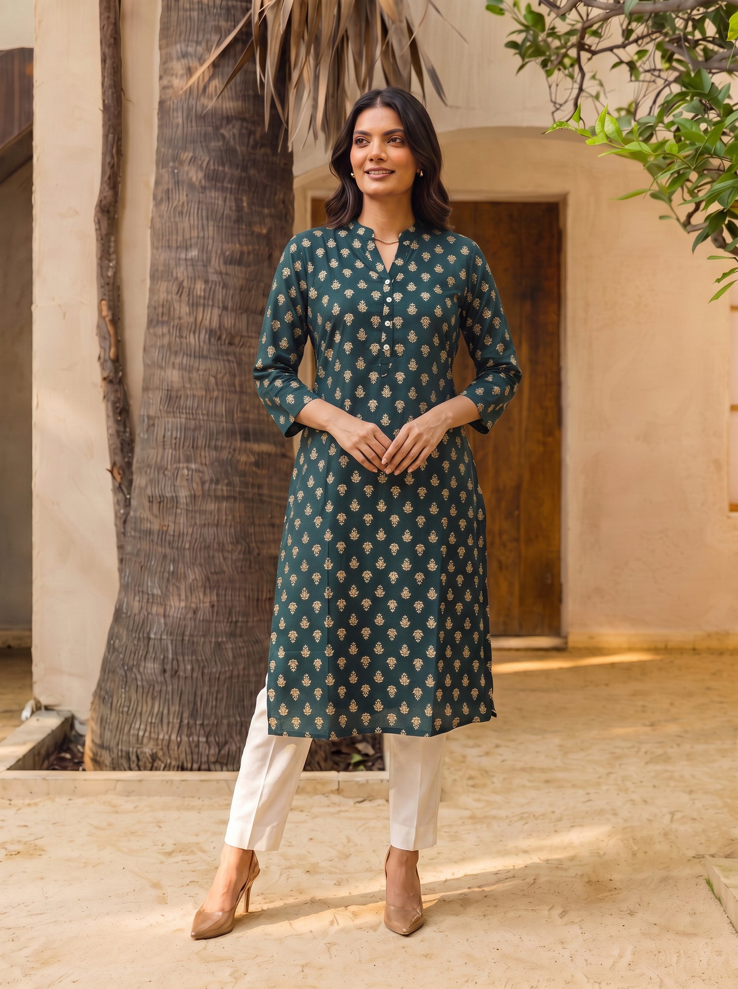 Buy Rayon Printed Straight Calf Length Kurta-Green