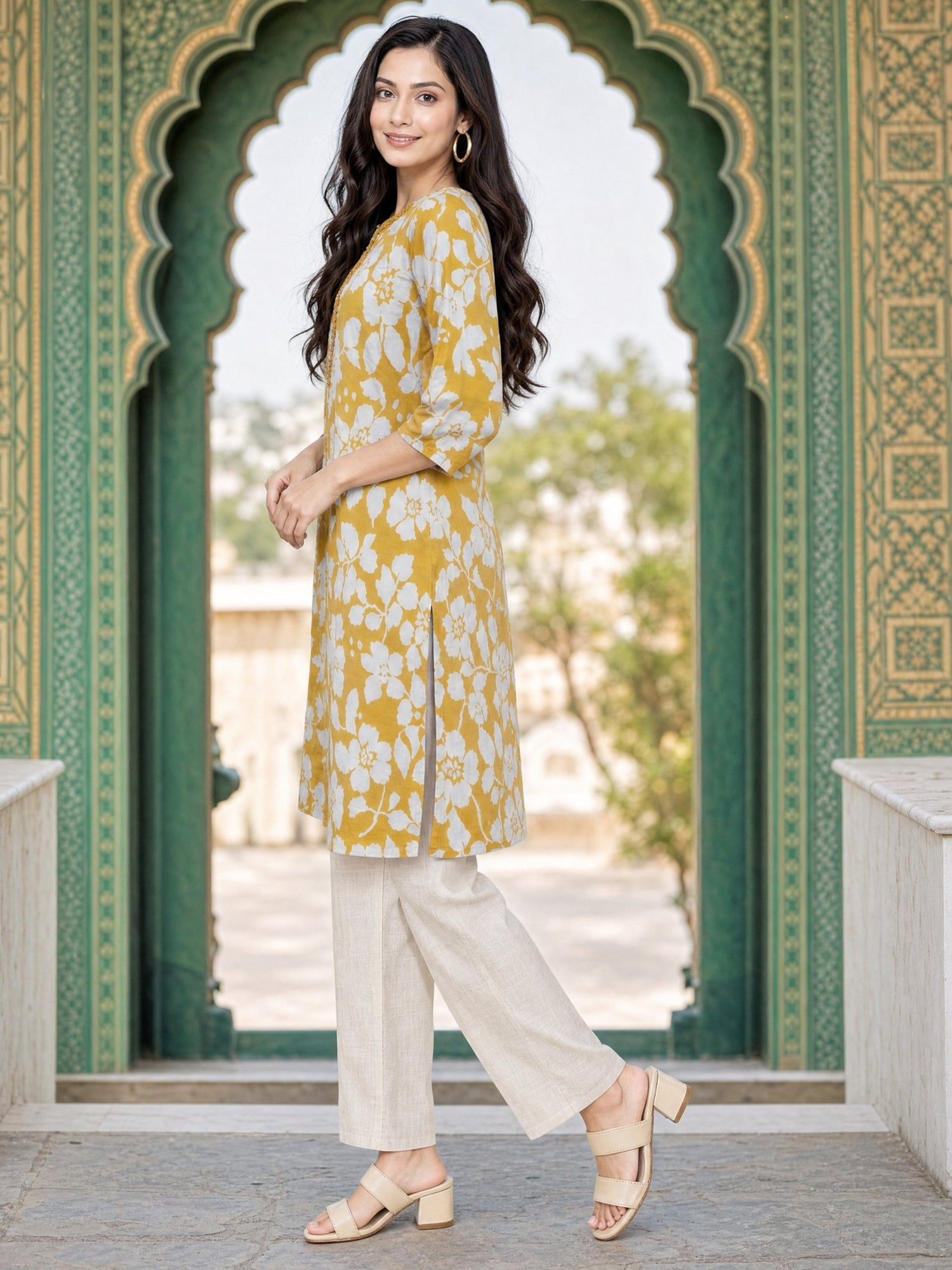 Buy Rayon Printed Straight Knee Length Kurta-Yellow