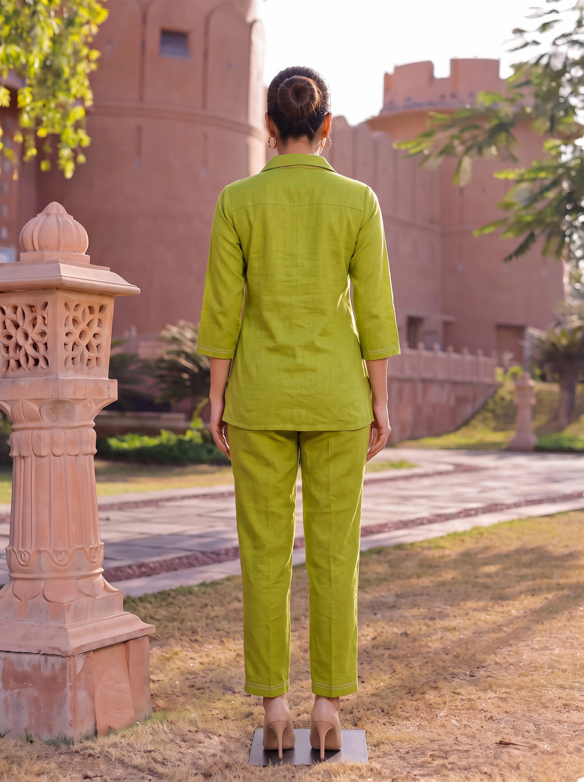 Buy Cotton Embroidered A-Line Co-Ord Set-Olive