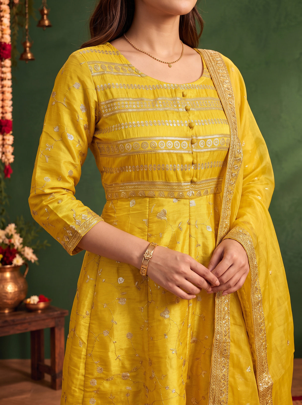 Viscose Embroidered Flared Calf Length Kurta With Pant and Dupatta