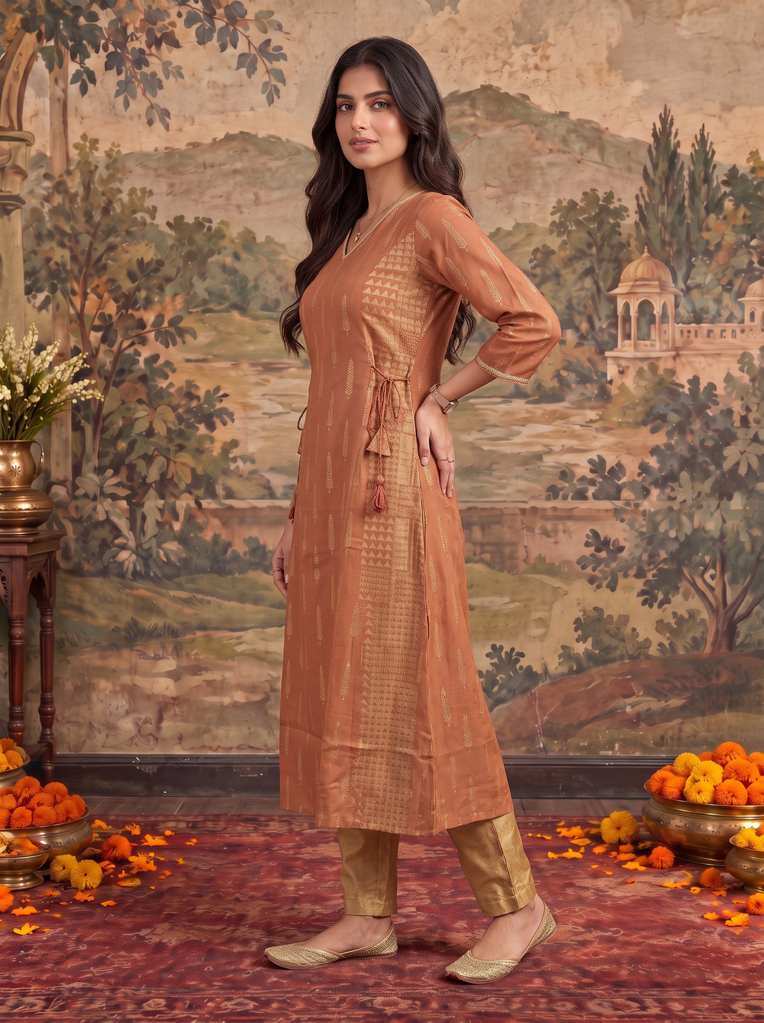 Buy Rayon Printed A-Line Calf Length Kurta-Rust