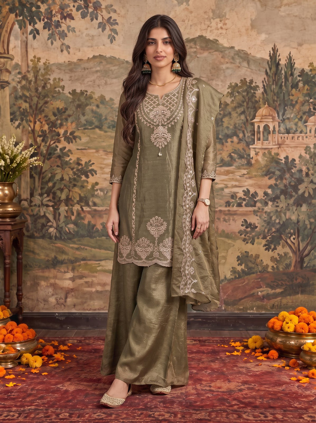 Buy Viscose Embroidered Straight Knee Length Kurta With Pant and Dupatta-Olive Green