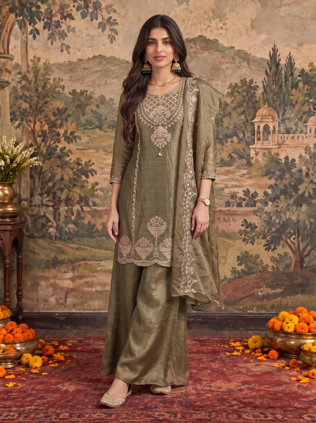 Viscose Embroidered Straight Knee Length Kurta With Pant and Dupatta