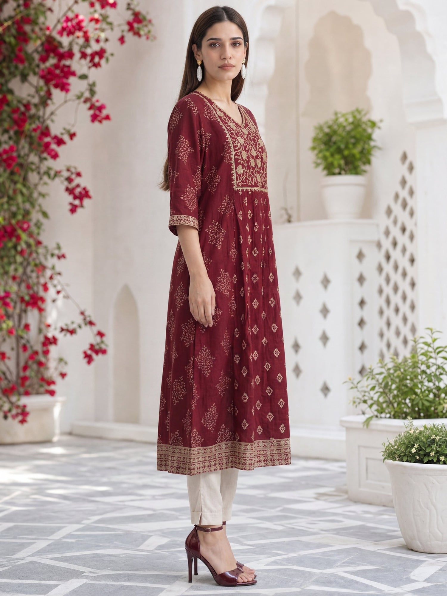 Rayon Embroidered Flared Calf Length Kurta