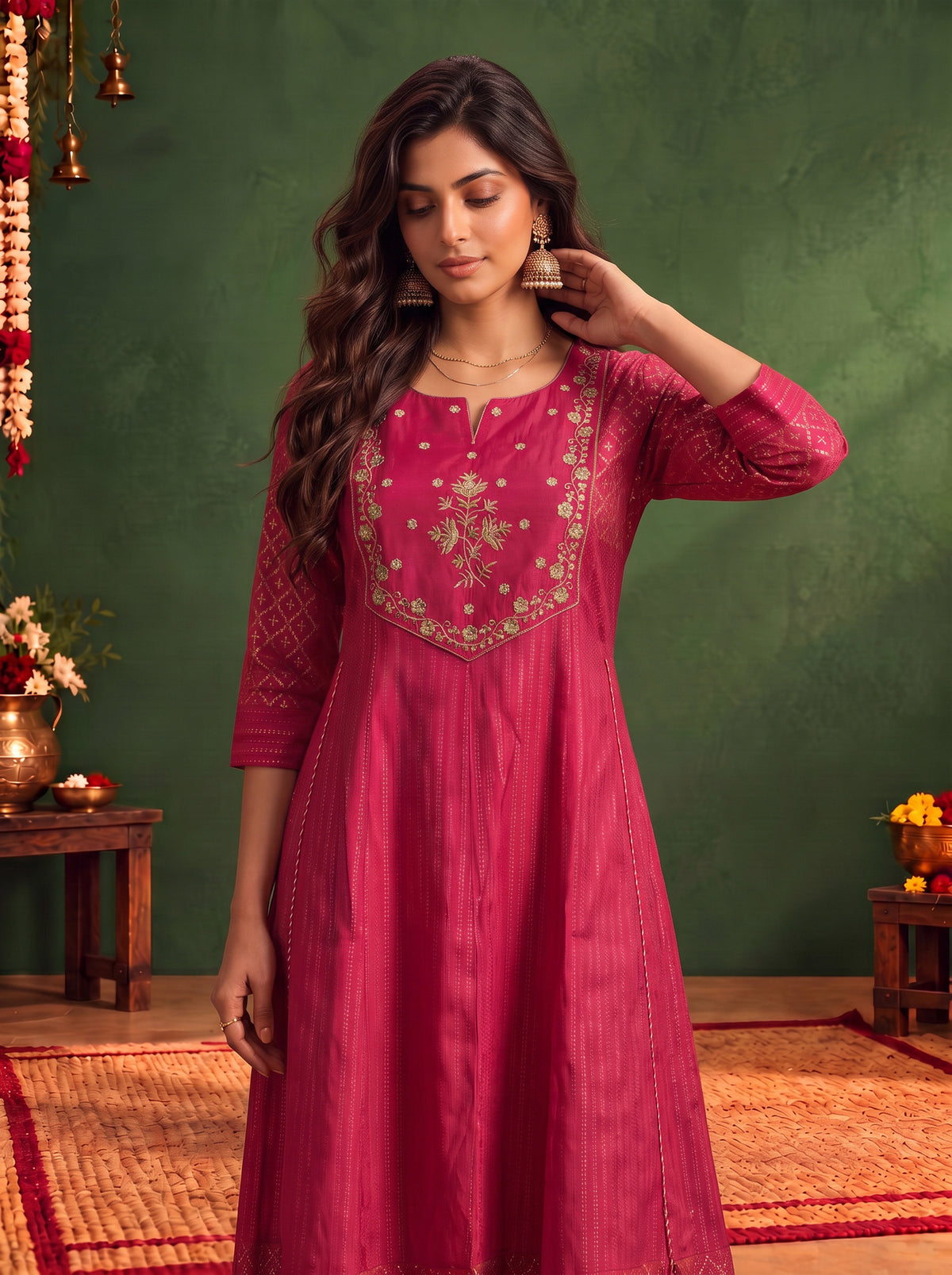 Buy Viscose Embroidered Flared Calf Length Kurta-Fuchsia