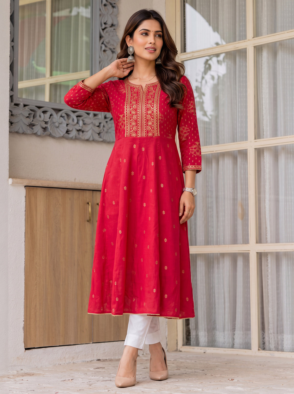 Buy Rayon Embroidered Flared Calf Length Kurta-Fuschia