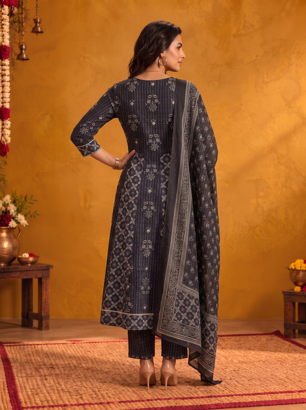 Cotton Embroidered Flared Calf Length Kurta With Pant and Dupatta