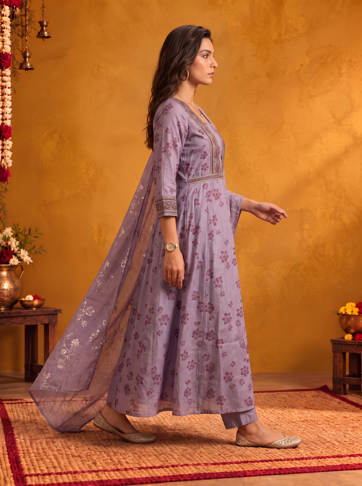 Buy Viscose Embroidered Flared Calf Length Kurta With Pant and Dupatta-Lavender