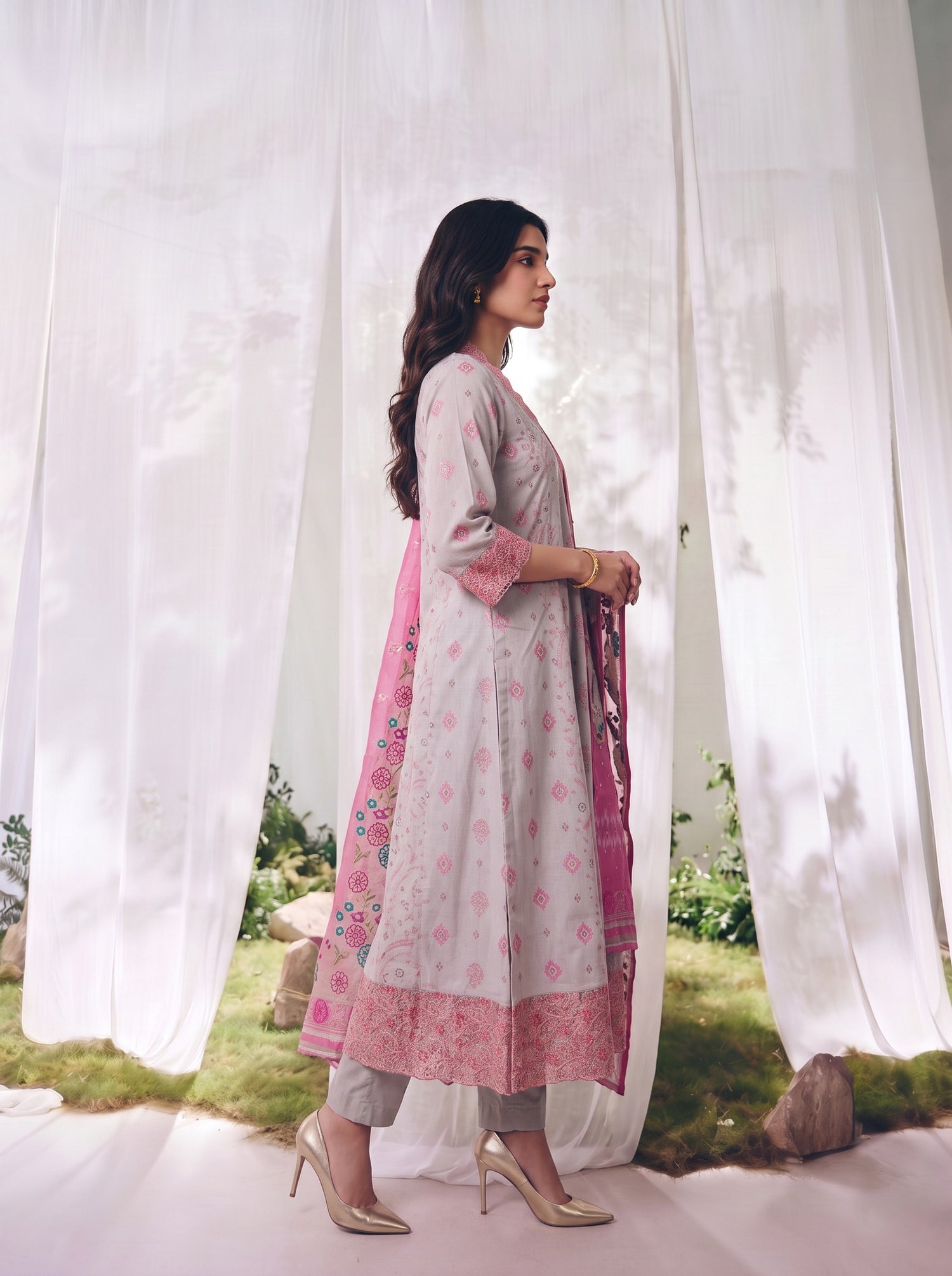 Buy Viscose Embroidered Straight Calf Length Kurta With Pant-Beige