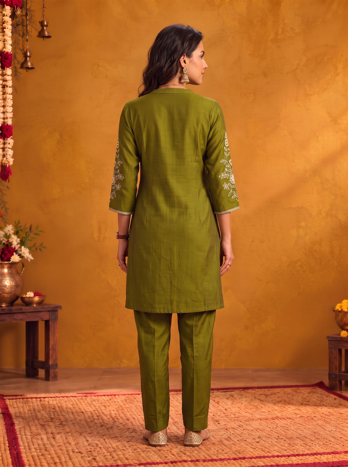 Buy Viscose Embroidered Straight Thigh Length Kurta With Pant-Olive Green
