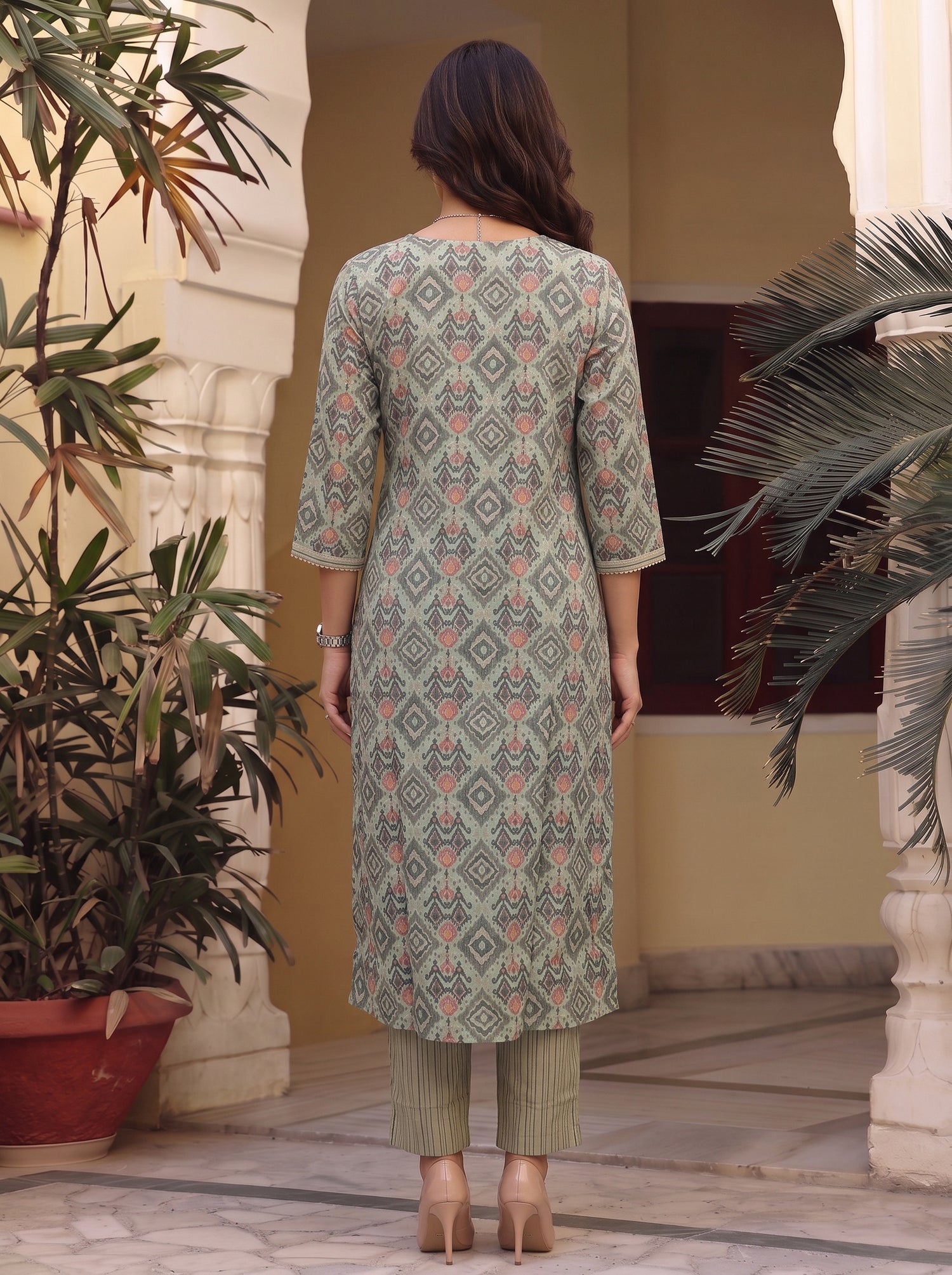 Buy Viscose Printed A-Line Calf Length Kurta With Pant-Green
