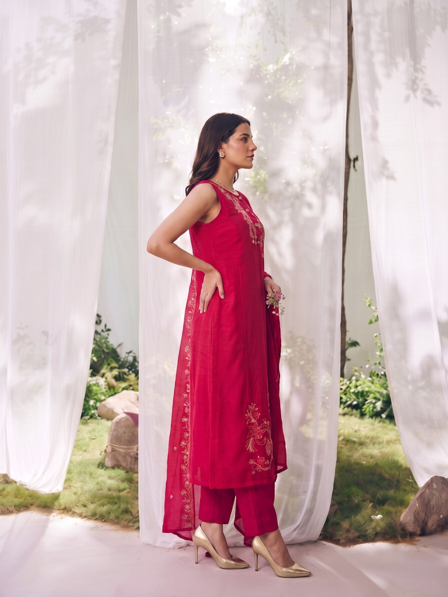 Buy Rayon Embroidered A-Line Calf Length Kurta With Pant-Fuschia
