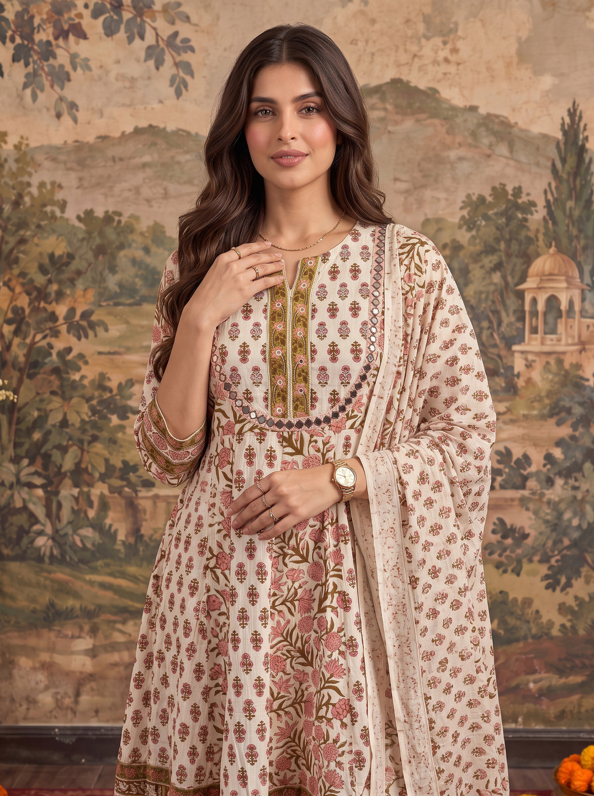 Buy Cotton Printed Flared Calf Length Kurta With Pant and Dupatta-Brown