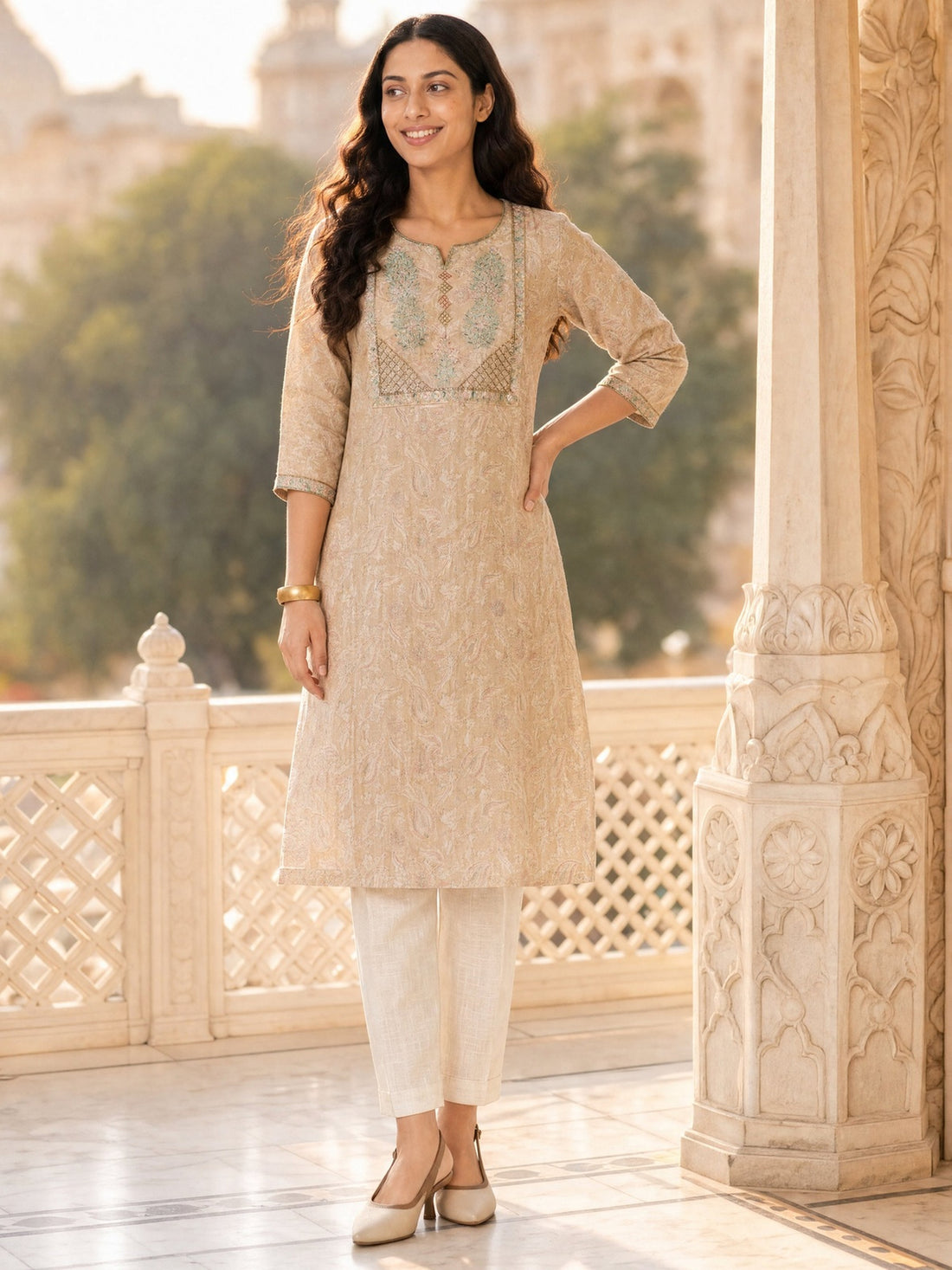 Buy Cotton Embroidered Straight Knee Length Kurta-Beige