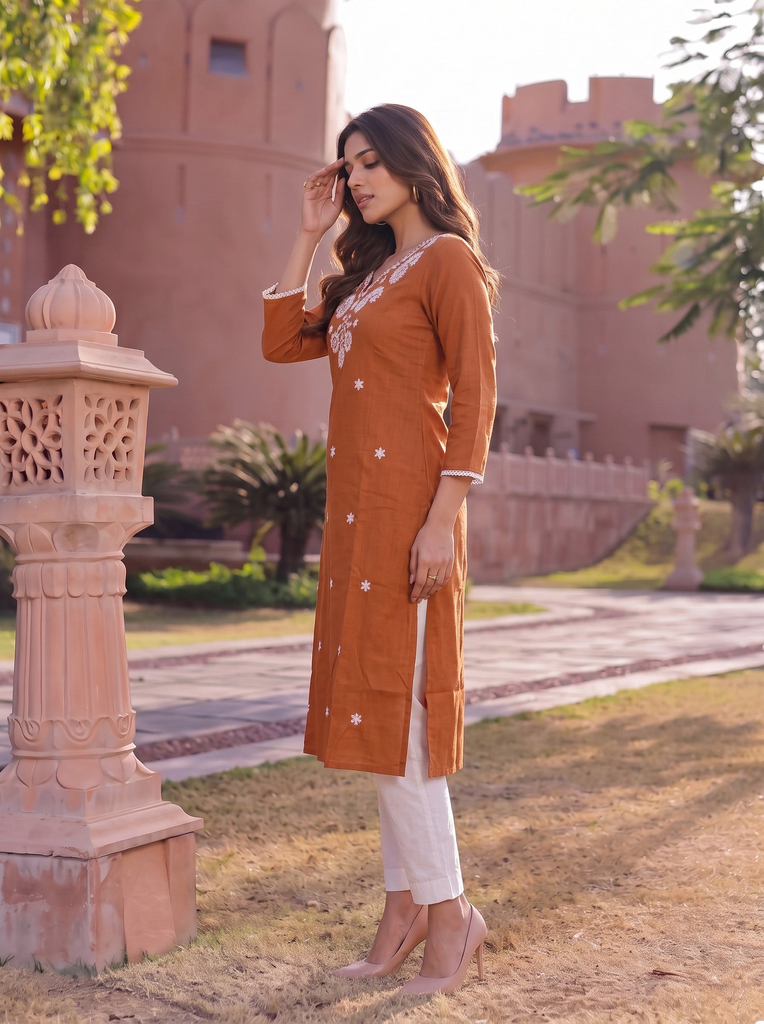 Buy Cotton Embroidered Straight Calf Length Kurta-Rust