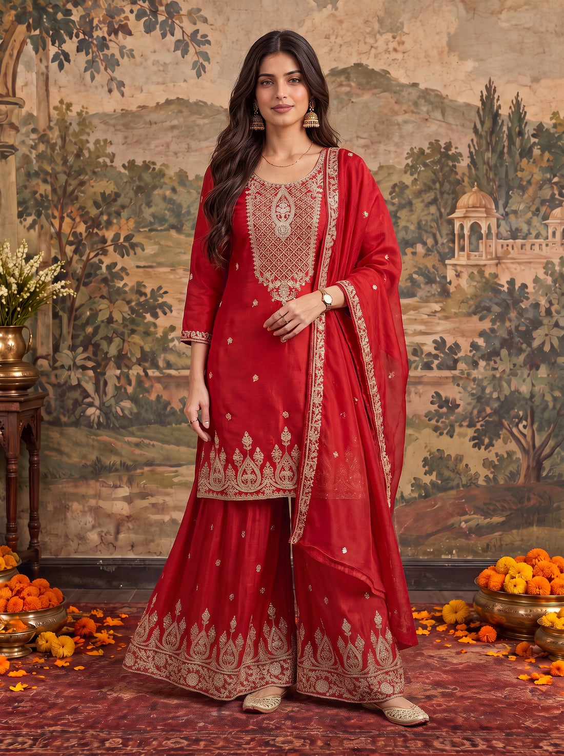 Buy Viscose Embroidered Straight Thigh Length Kurta With Palazzo and Dupatta-Fuchsia