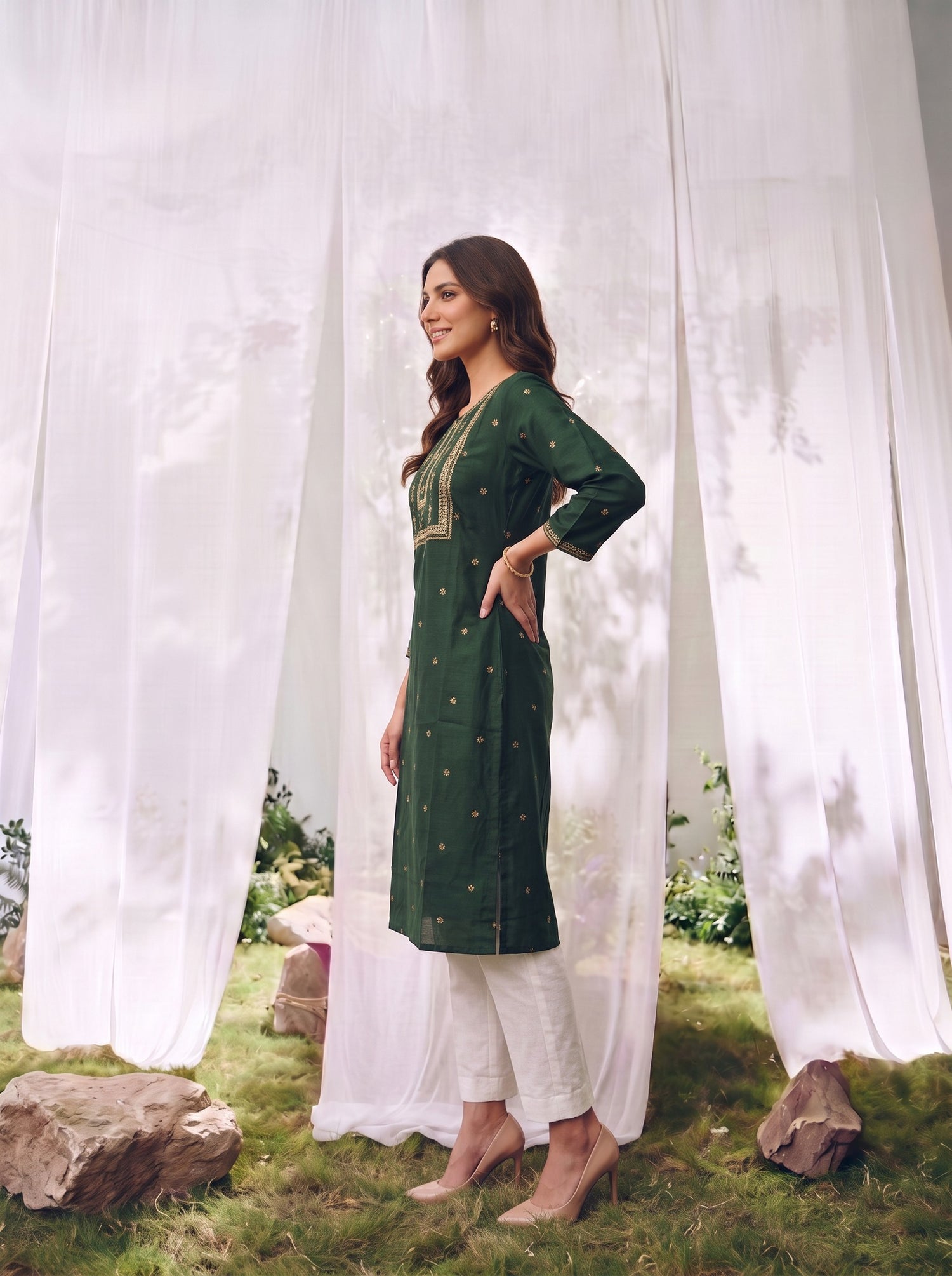 Buy Rayon Embroidered Straight Calf Length Kurta-Green