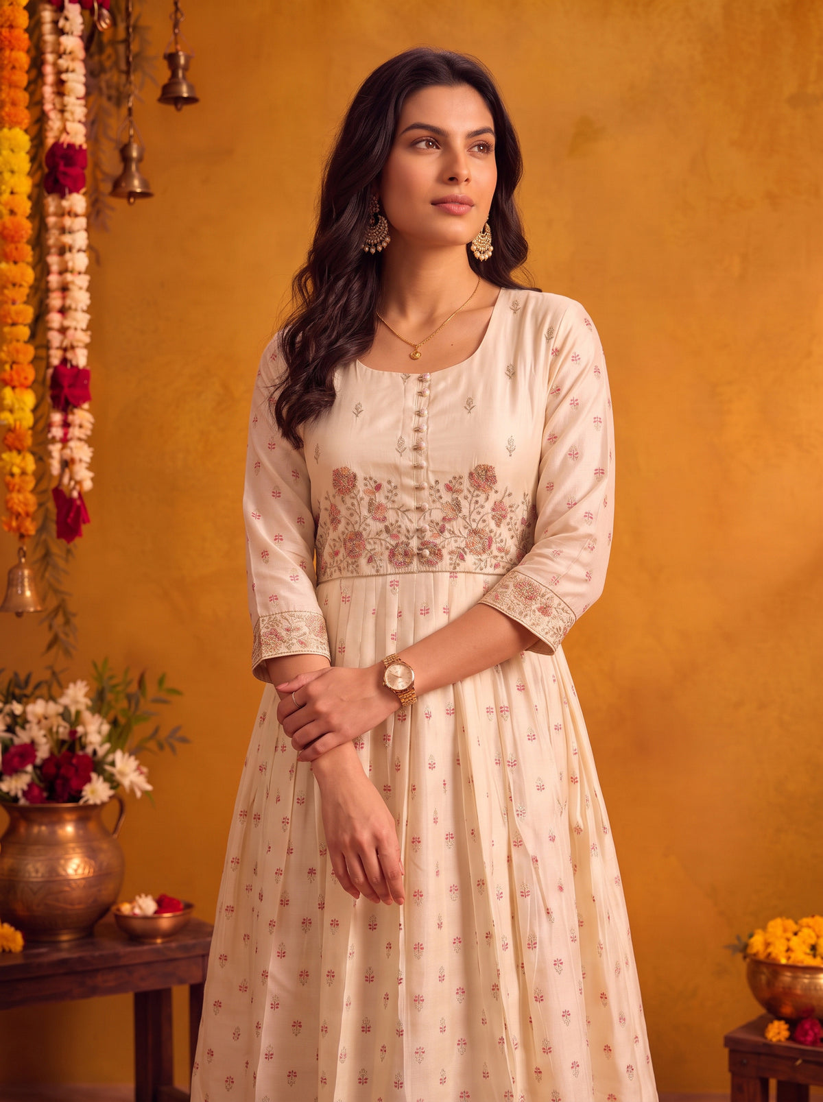 Buy Viscose Embroidered Flared Calf Length Kurta-White