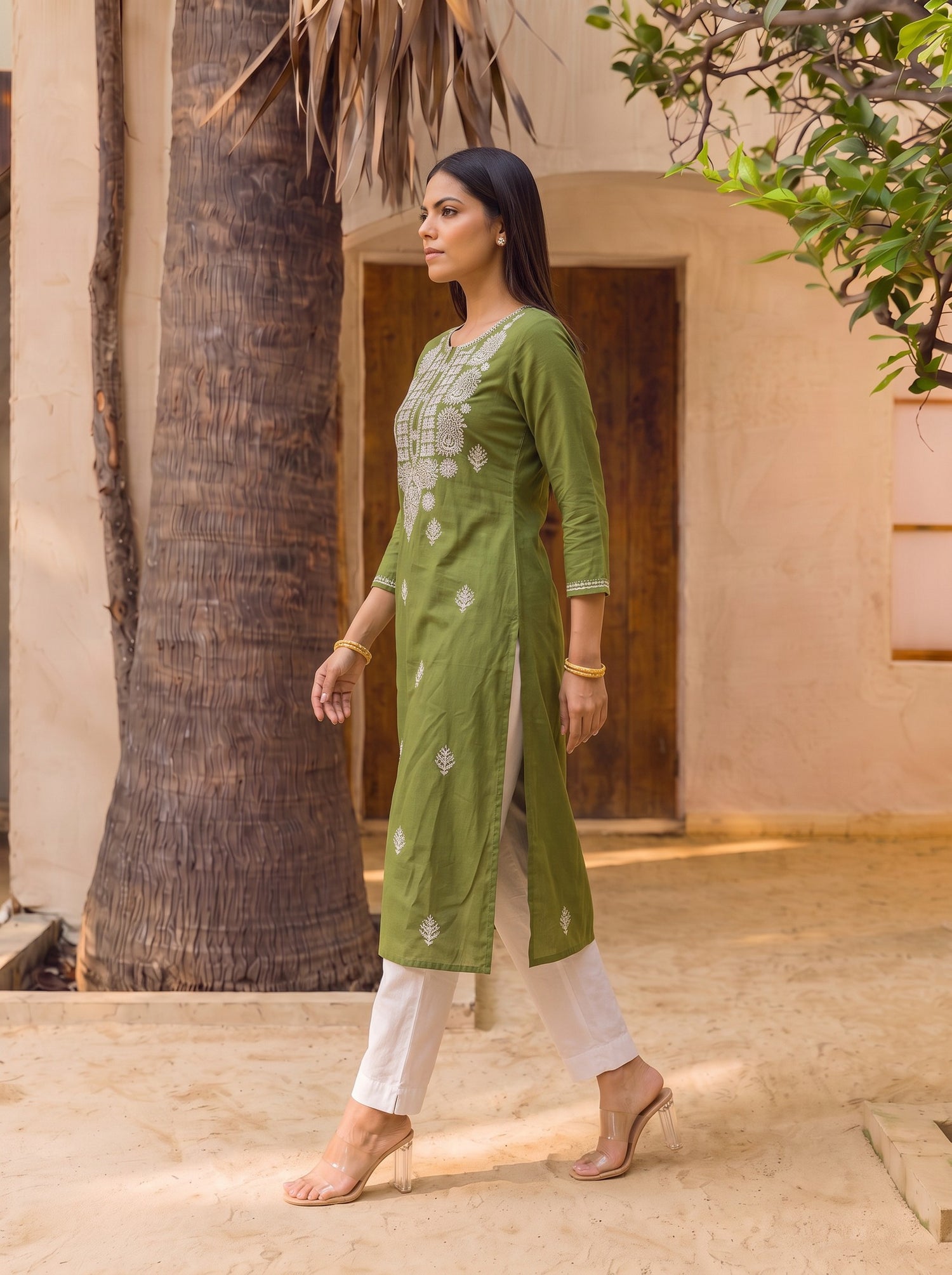 Buy Rayon Embroidered Straight Knee Length Kurta-Olive