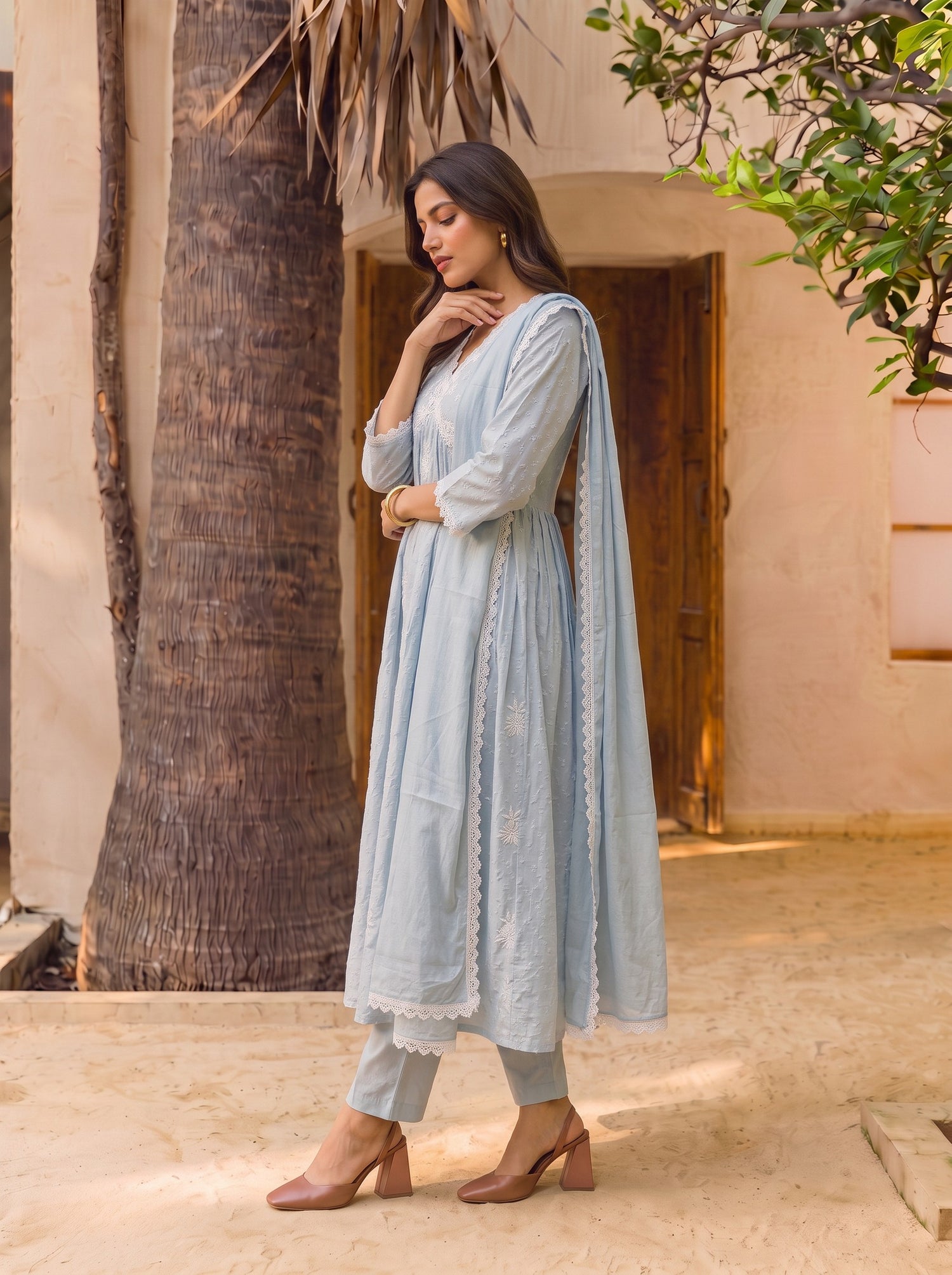 Buy Cotton Embroidered Straight Calf Length Kurta With Pant-Light Blue