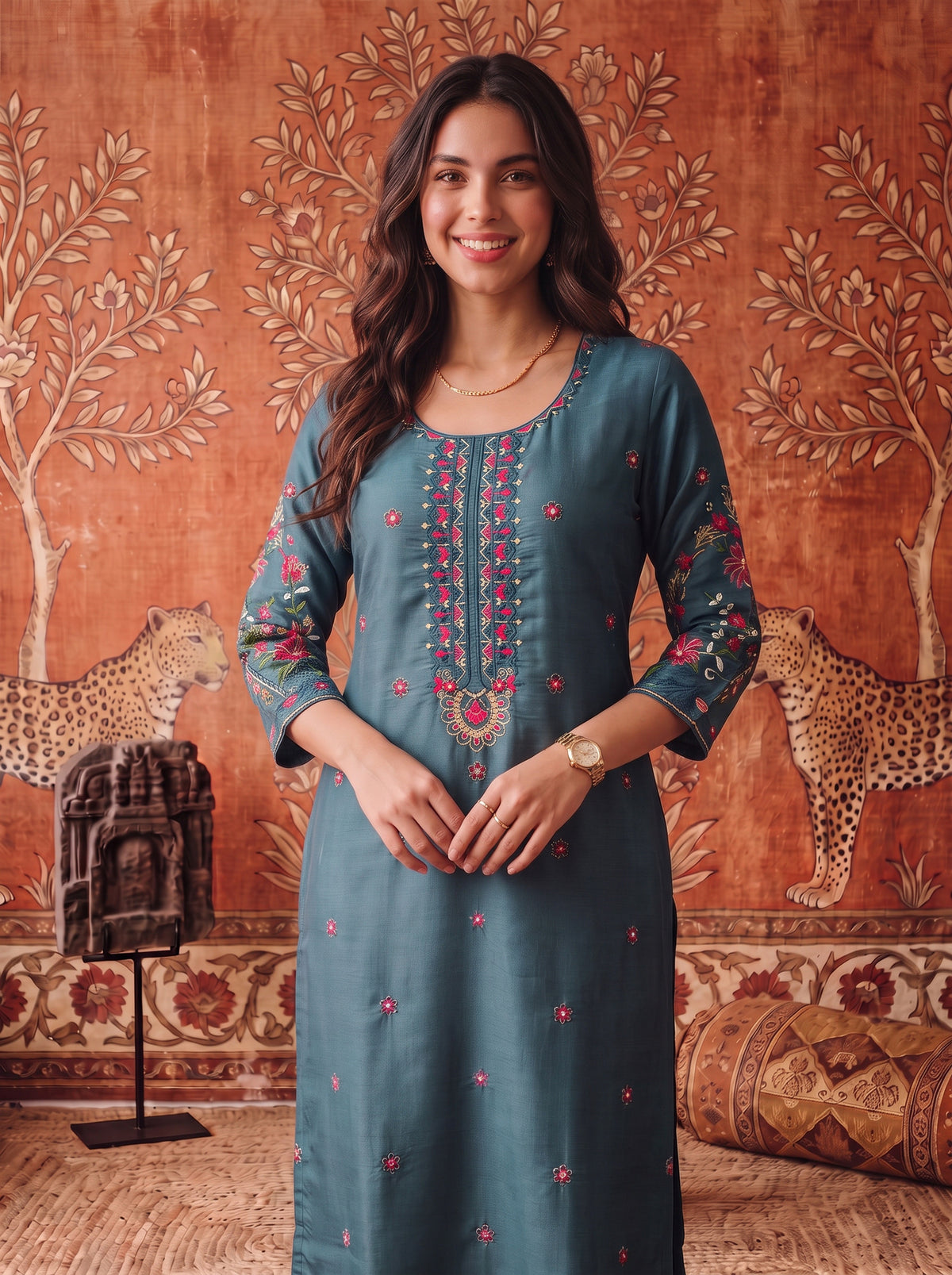 Buy Viscose Embroidered Straight Calf Length Kurta-Teal