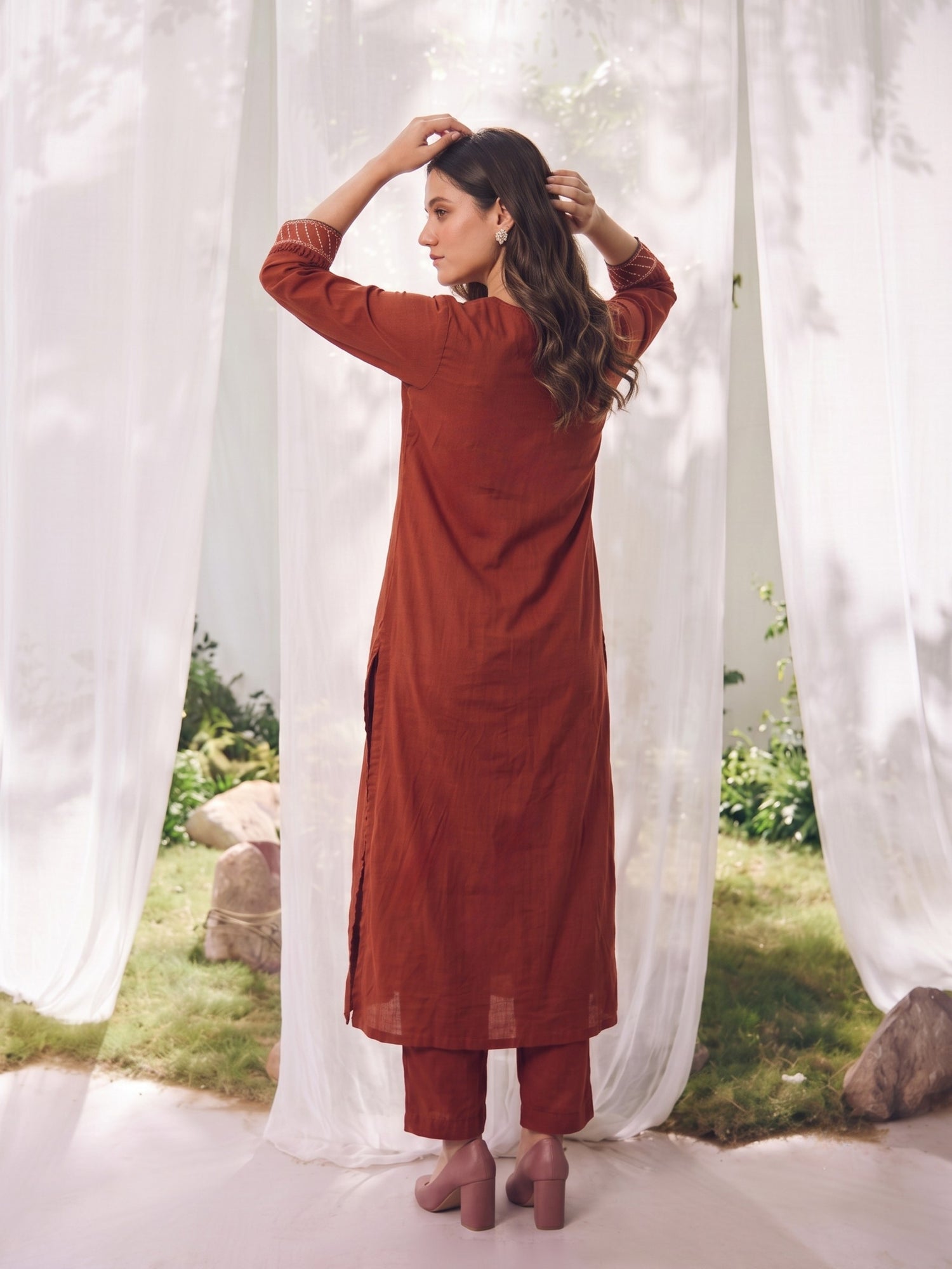 Buy Cotton Embroidered A-Line Calf Length Kurta With Pant-Rust
