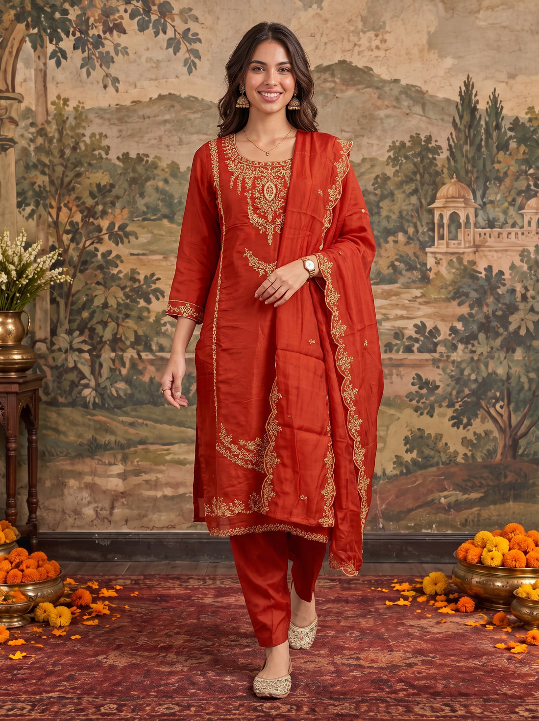 Buy Chanderi Embroidered Straight Calf Length Kurta With Pant and Dupatta-Rust